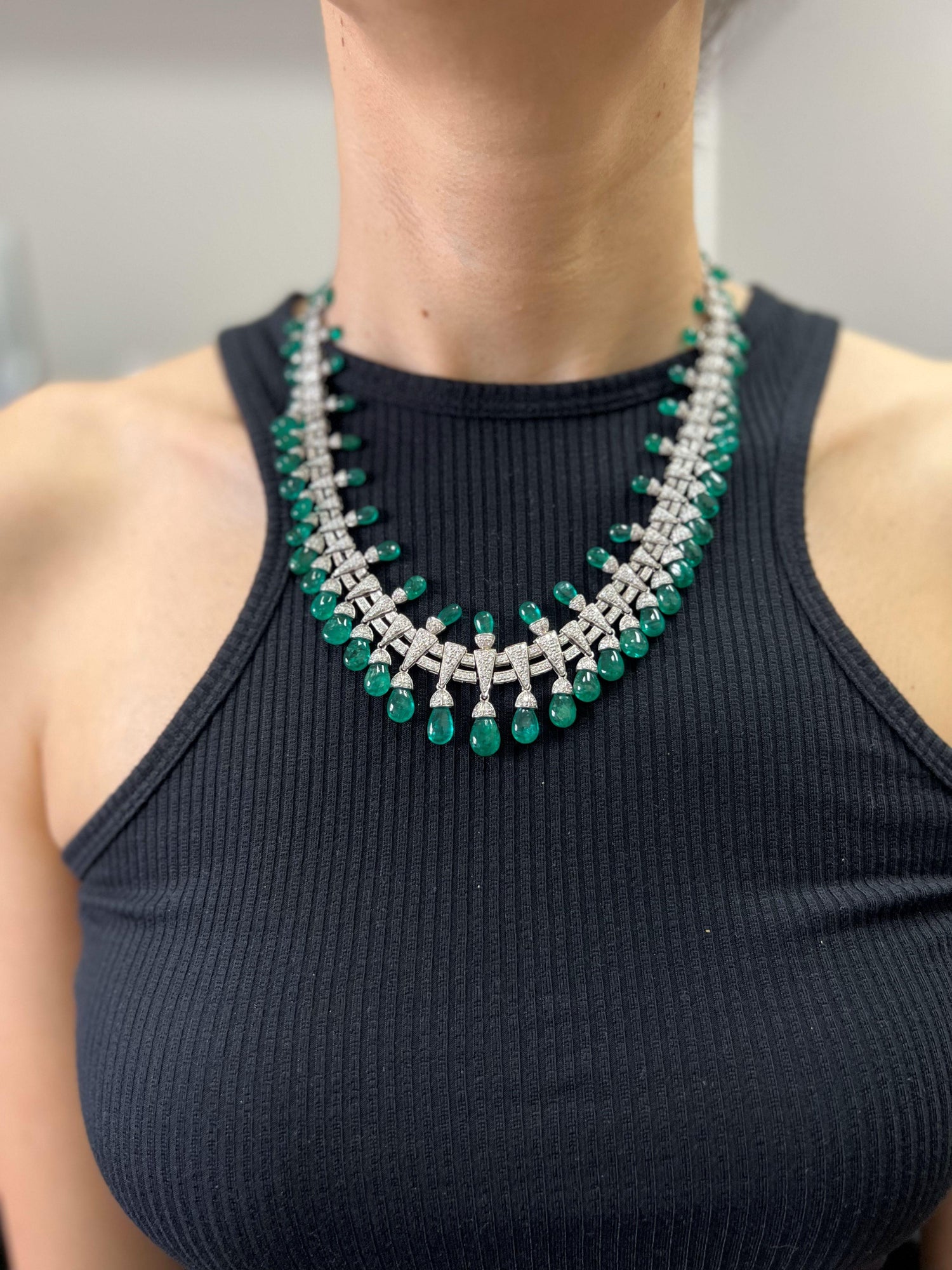 Colombian Emerald Briolette Drops Diamond Pave Princess Necklace