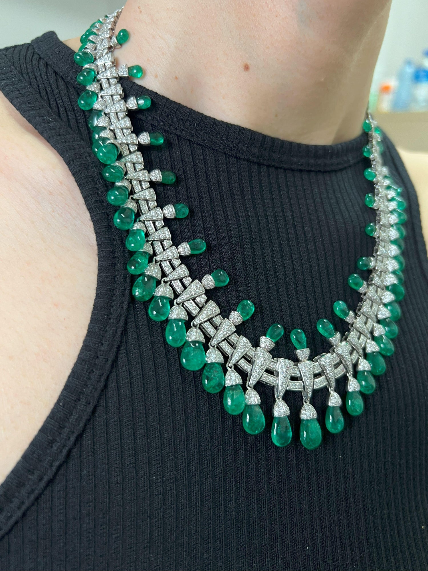 Colombian Emerald Briolette Drops Diamond Pave Princess Necklace