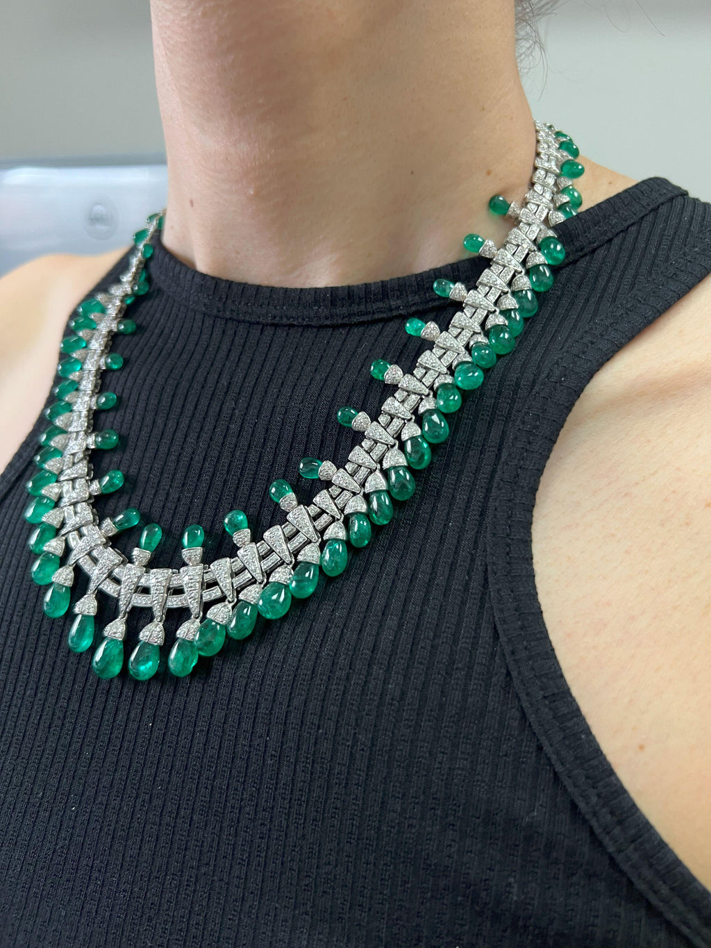 Colombian Emerald Briolette Drops Diamond Pave Princess Necklace
