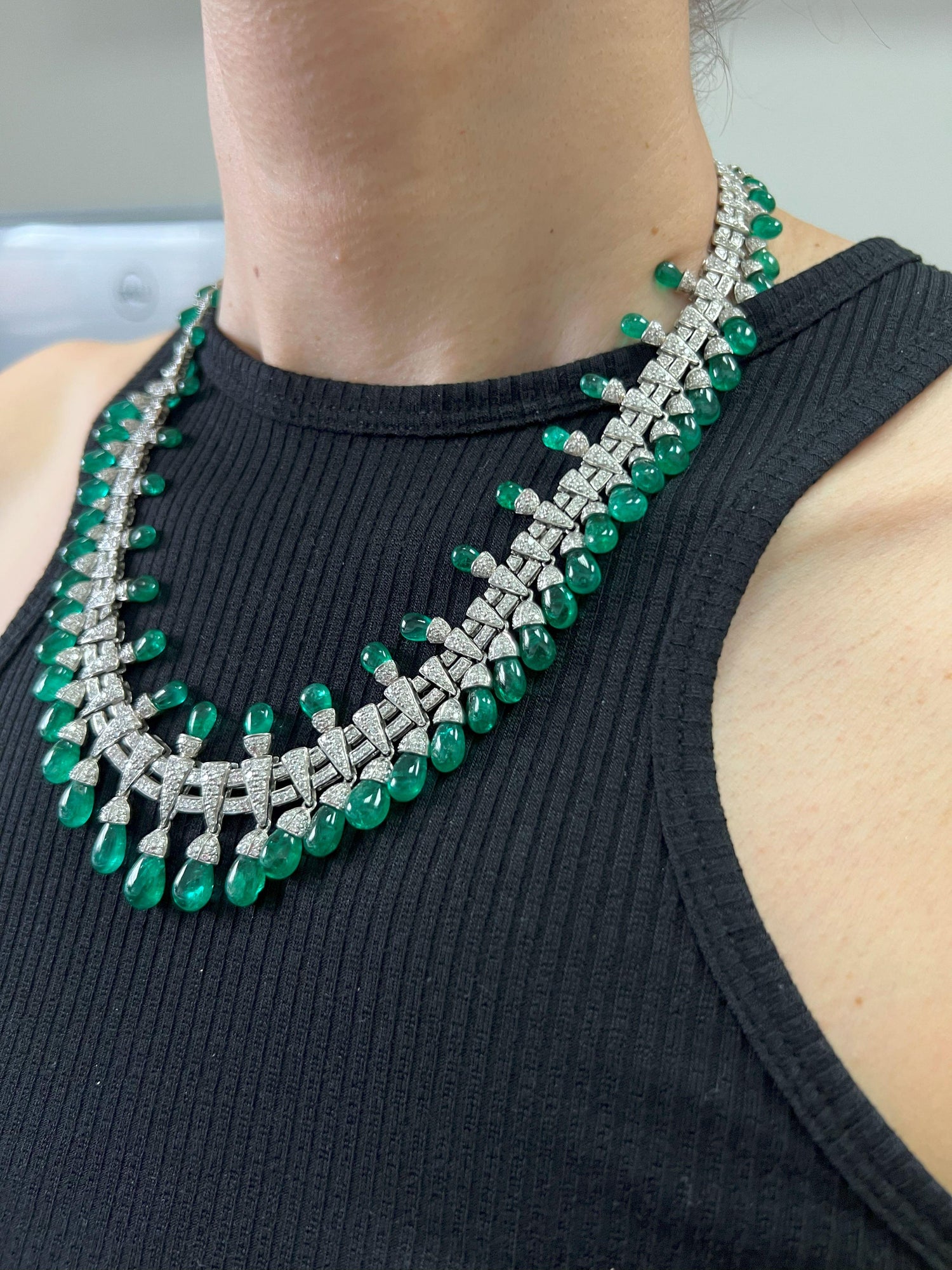 Colombian Emerald Briolette Drops Diamond Pave Princess Necklace