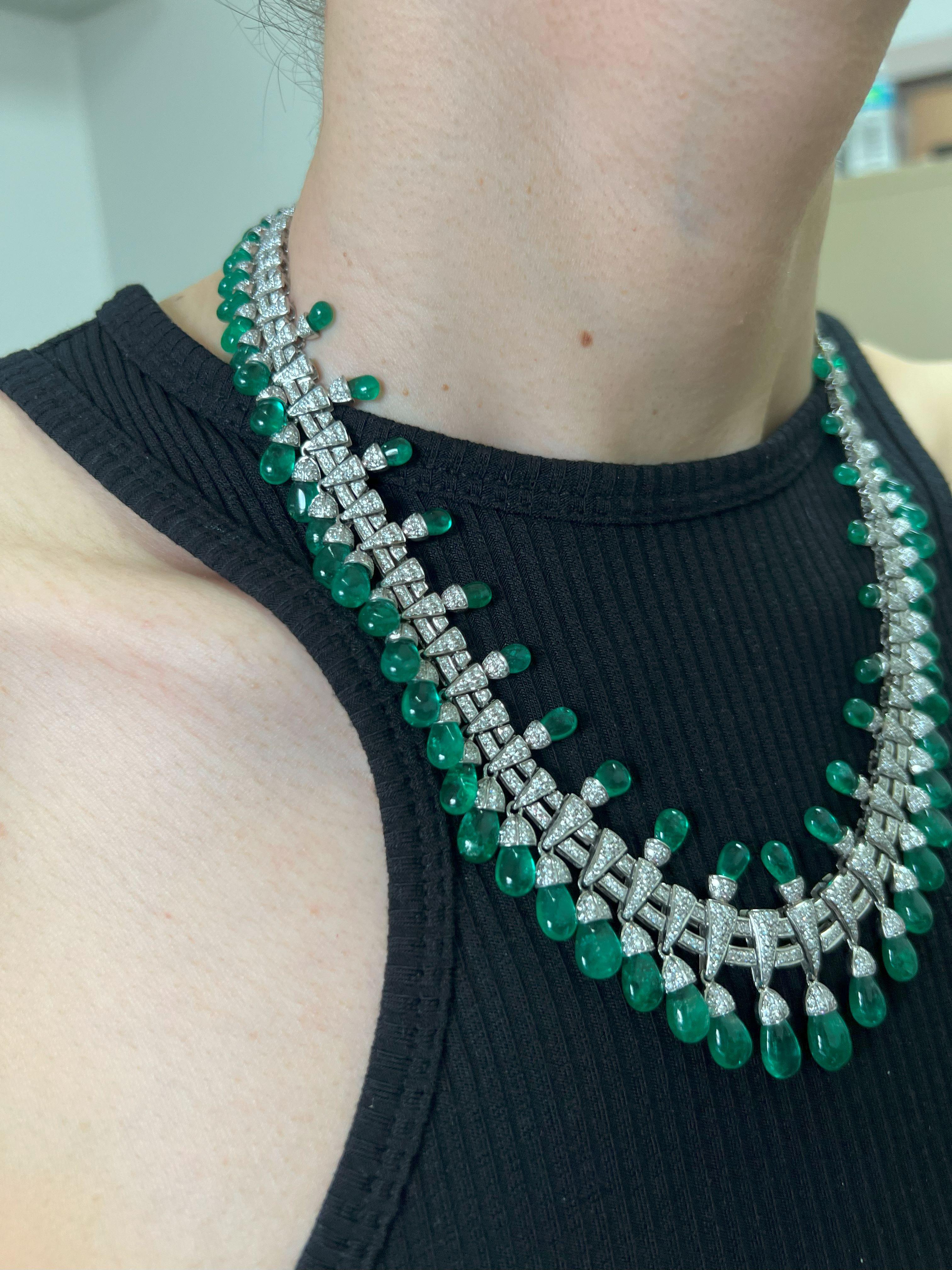 Colombian Emerald Briolette Drops Diamond Pave Princess Necklace