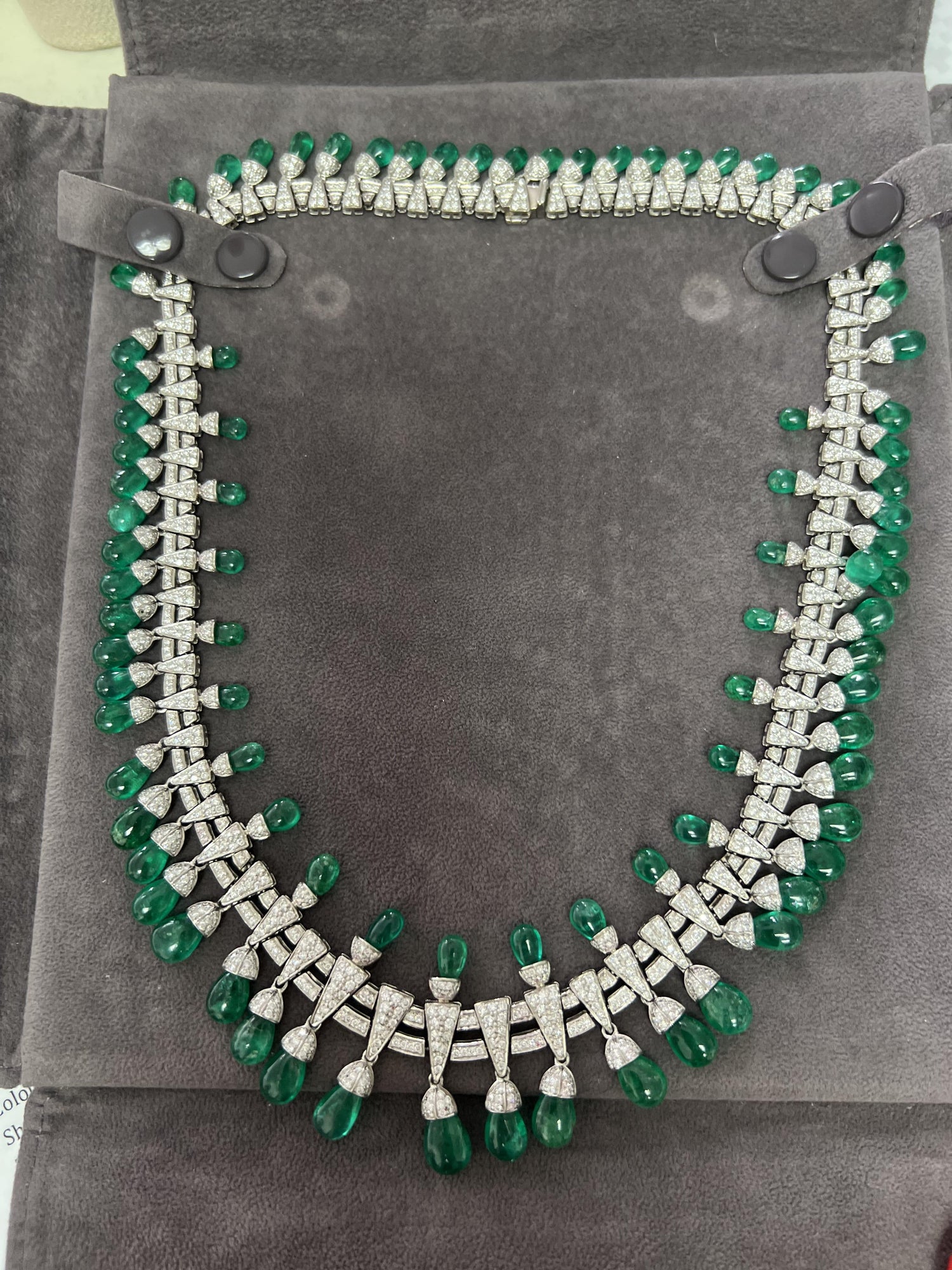 Colombian Emerald Briolette Drops Diamond Pave Princess Necklace