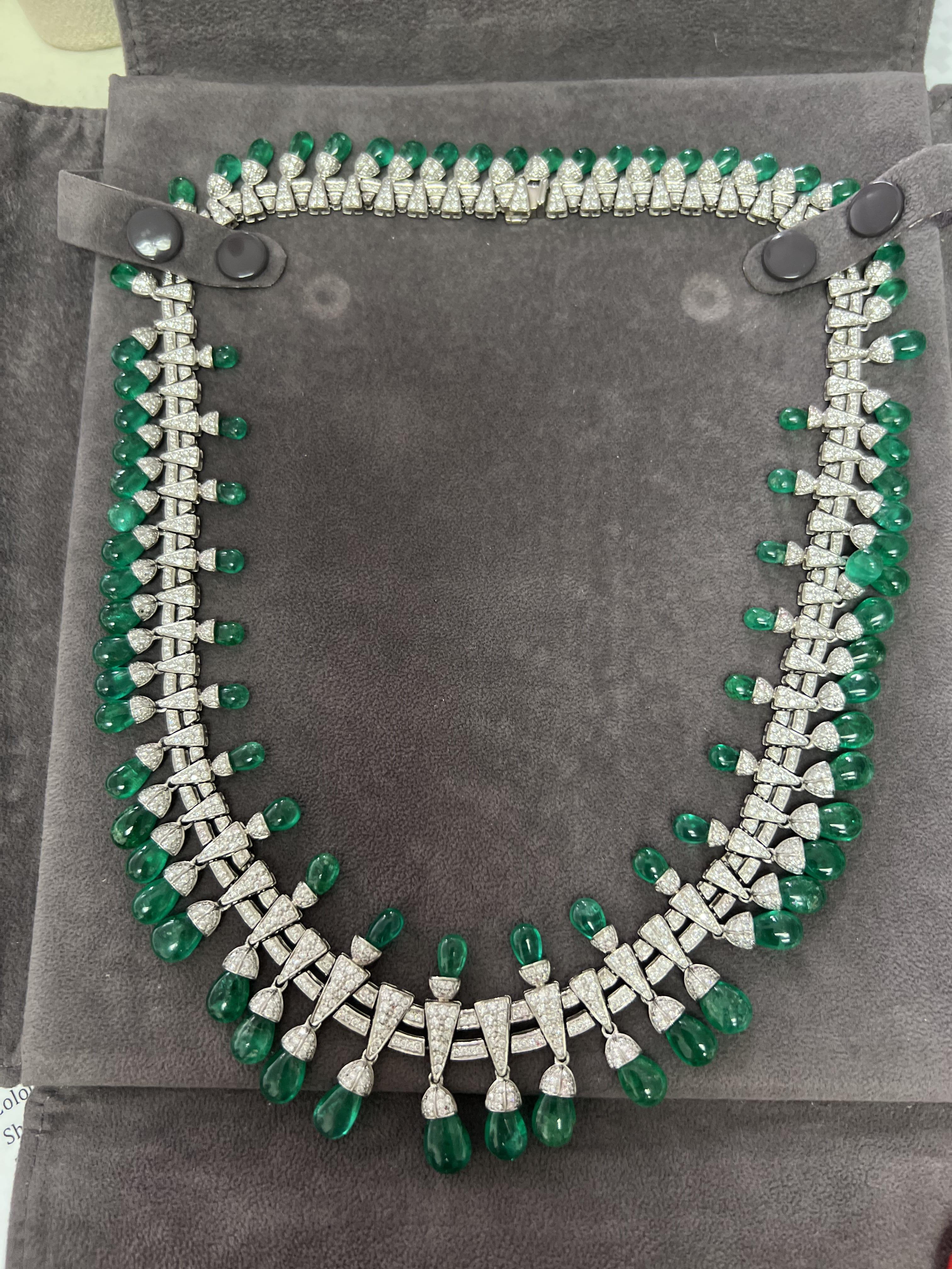 Colombian Emerald Briolette Drops Diamond Pave Princess Necklace