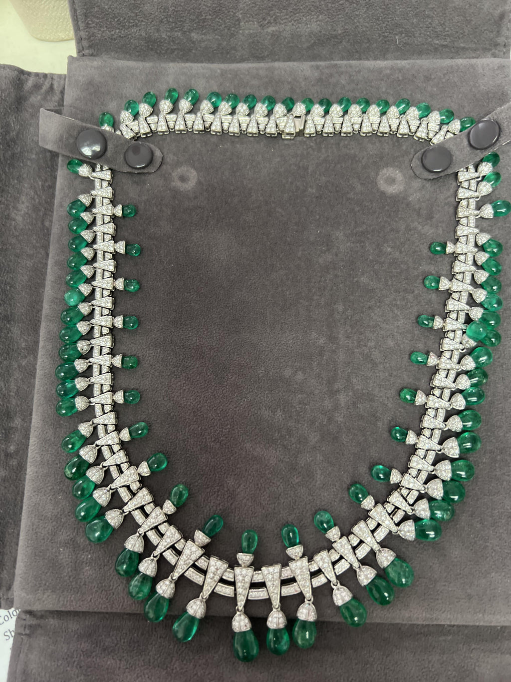 Colombian Emerald Briolette Drops Diamond Pave Princess Necklace