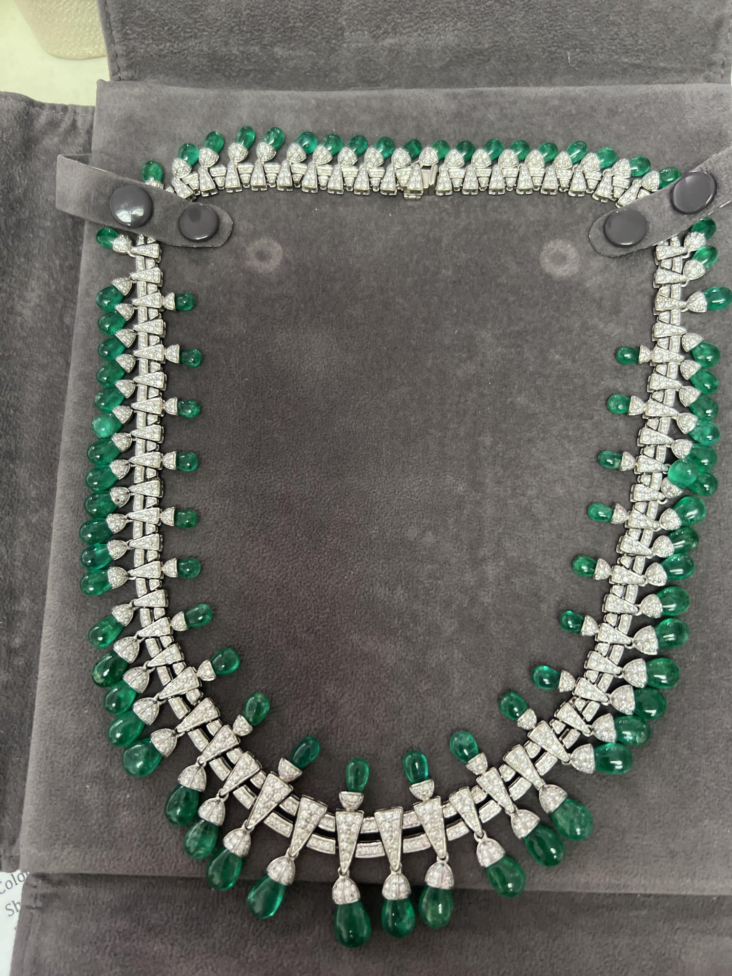 Colombian Emerald Briolette Drops Diamond Pave Princess Necklace
