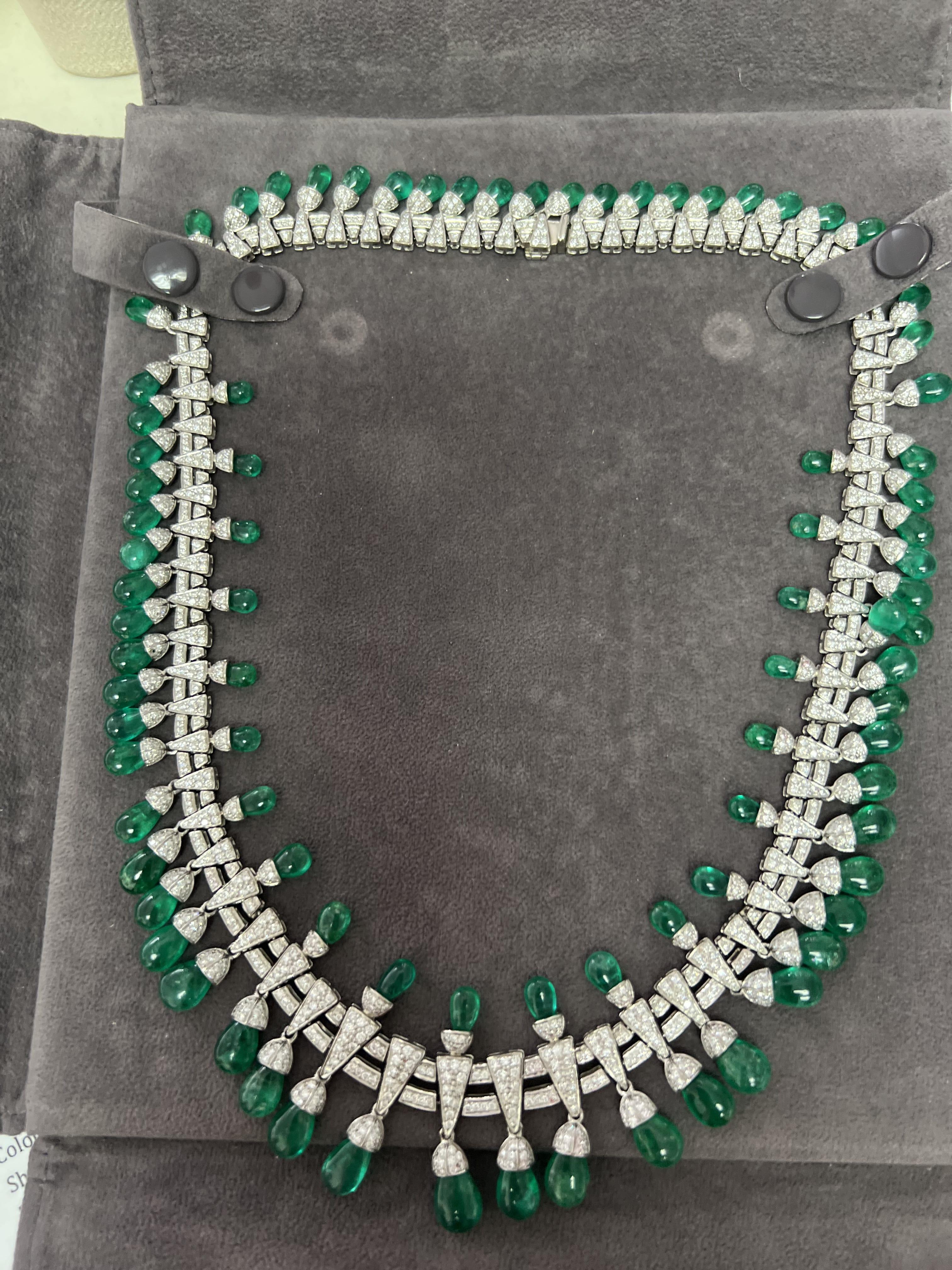 Colombian Emerald Briolette Drops Diamond Pave Princess Necklace