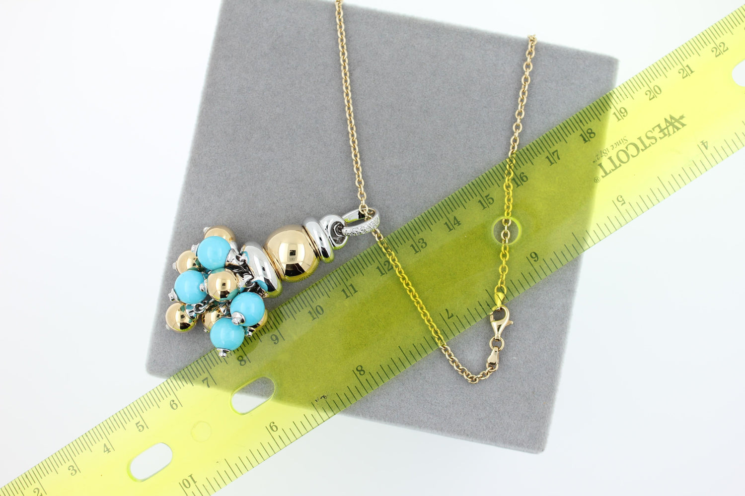 Blue Turquoise Diamonds Golden Sphere Bells Motif Two Tone Gold Pendant Necklace