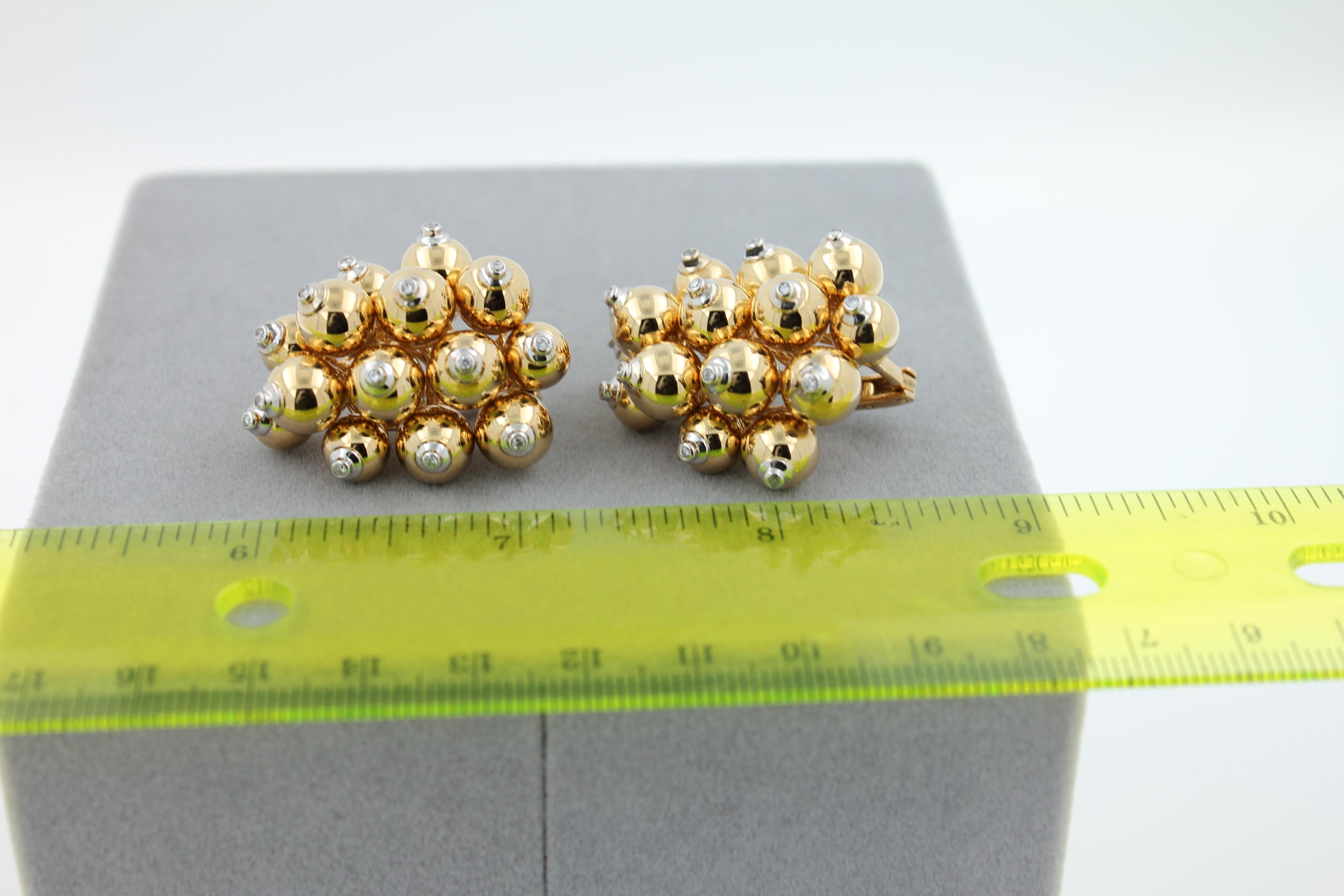 Diamonds Golden Spheres Gold Balls Geometric Bells Motif 18K Gold Earrings