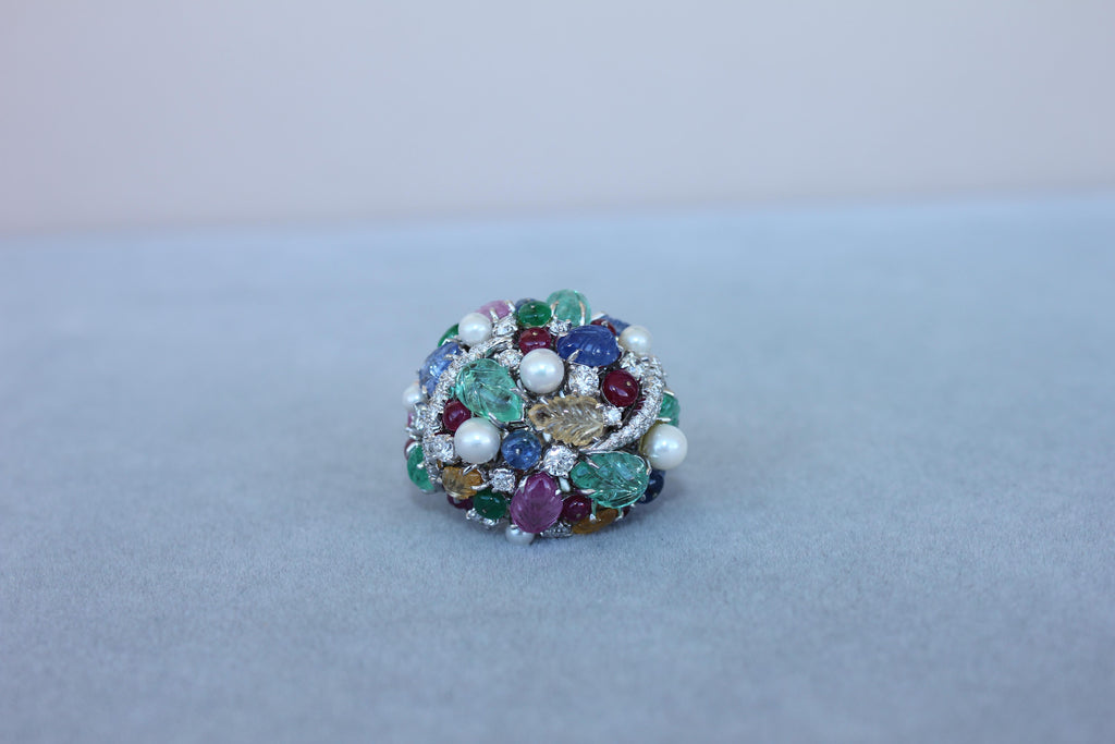 Multi Colors Sapphires Emeralds Ruby Diamond Scavia Unique 18K White Gold Ring
