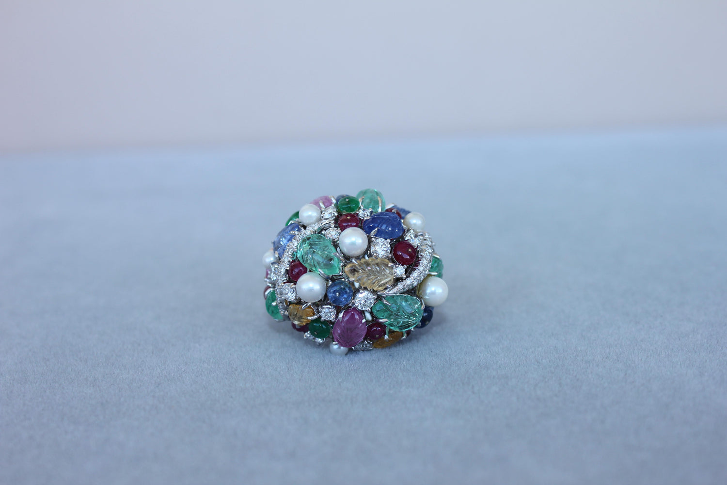 Multi Colors Sapphires Emeralds Ruby Diamond Scavia Unique 18K White Gold Ring