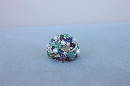 Multi Colors Sapphires Emeralds Ruby Diamond Scavia Unique 18K White Gold Ring