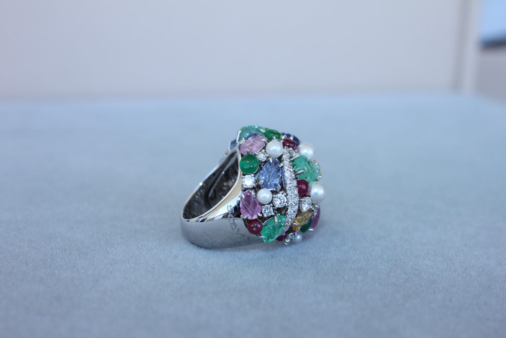 Multi Colors Sapphires Emeralds Ruby Diamond Scavia Unique 18K White Gold Ring