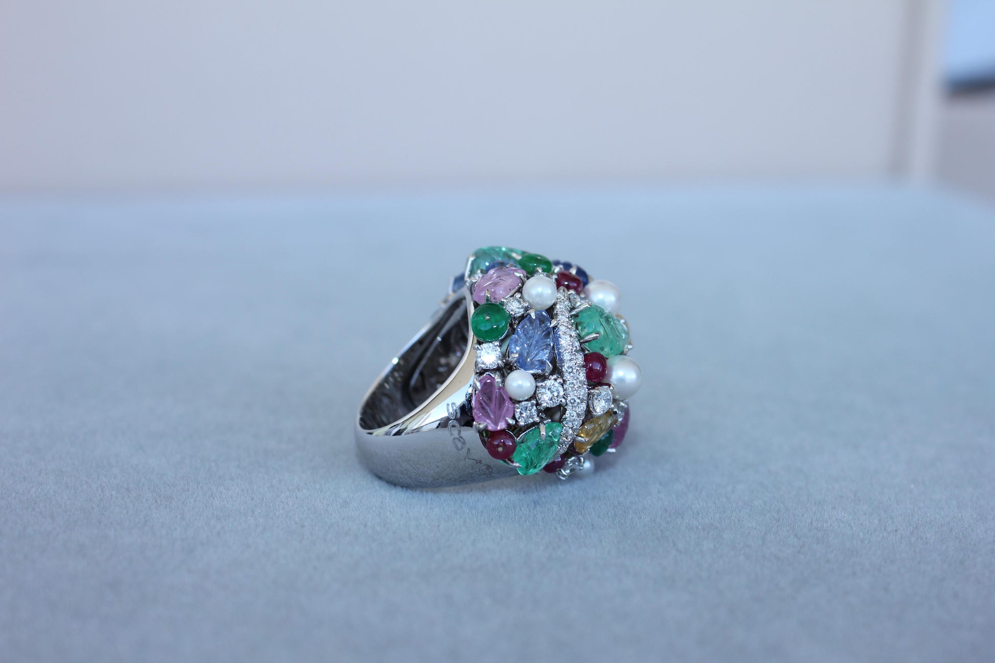 Multi Colors Sapphires Emeralds Ruby Diamond Scavia Unique 18K White Gold Ring