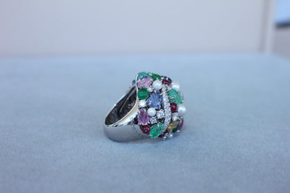 Multi Colors Sapphires Emeralds Ruby Diamond Scavia Unique 18K White Gold Ring