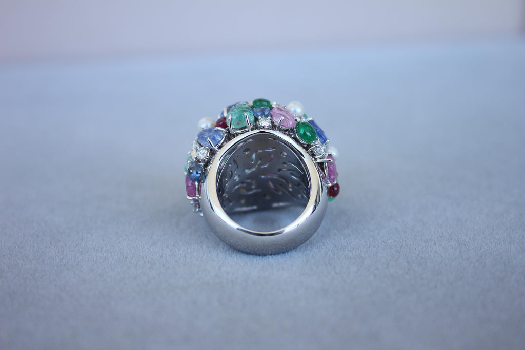 Multi Colors Sapphires Emeralds Ruby Diamond Scavia Unique 18K White Gold Ring