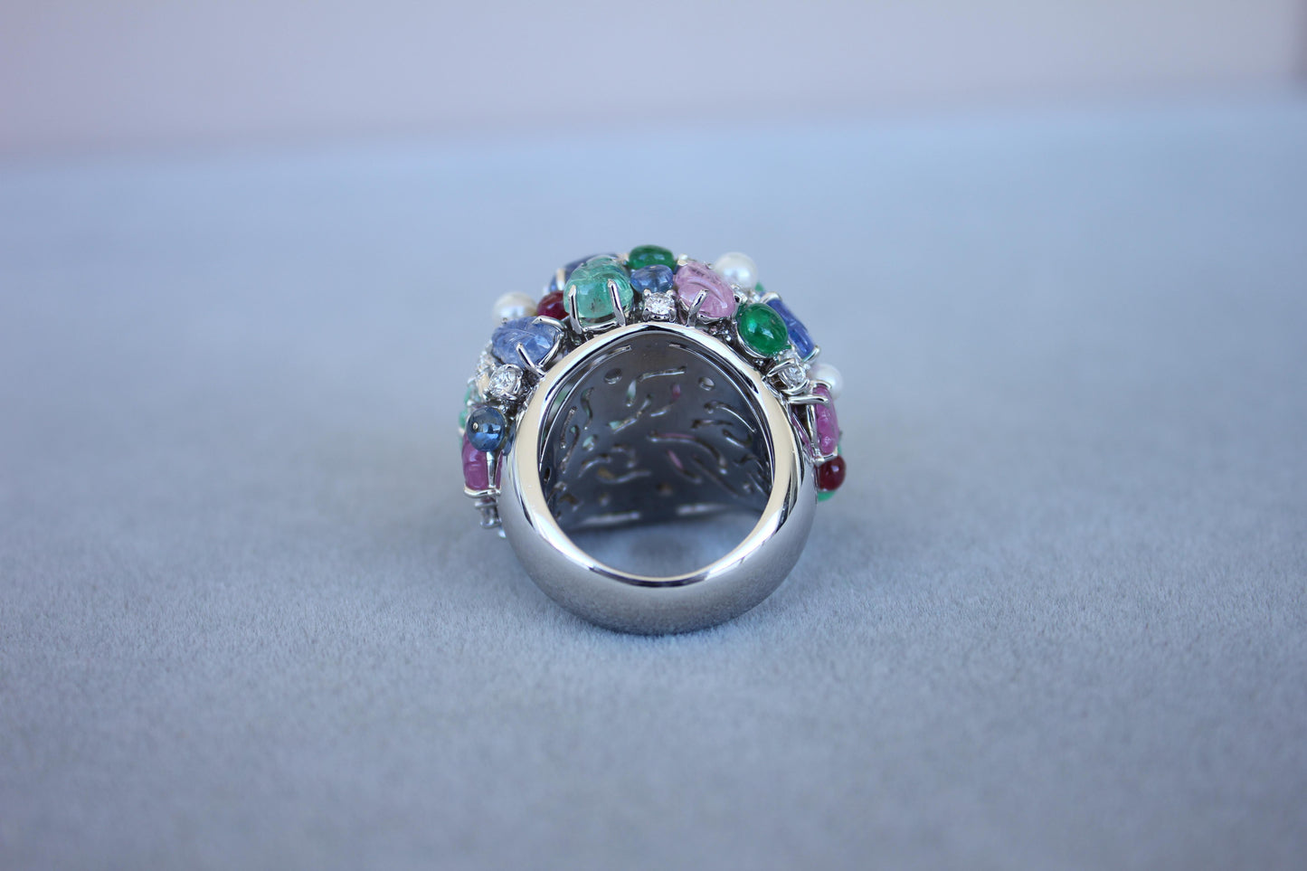 multi colors sapphires emeralds ruby diamond scavia unique 18k white gold ring