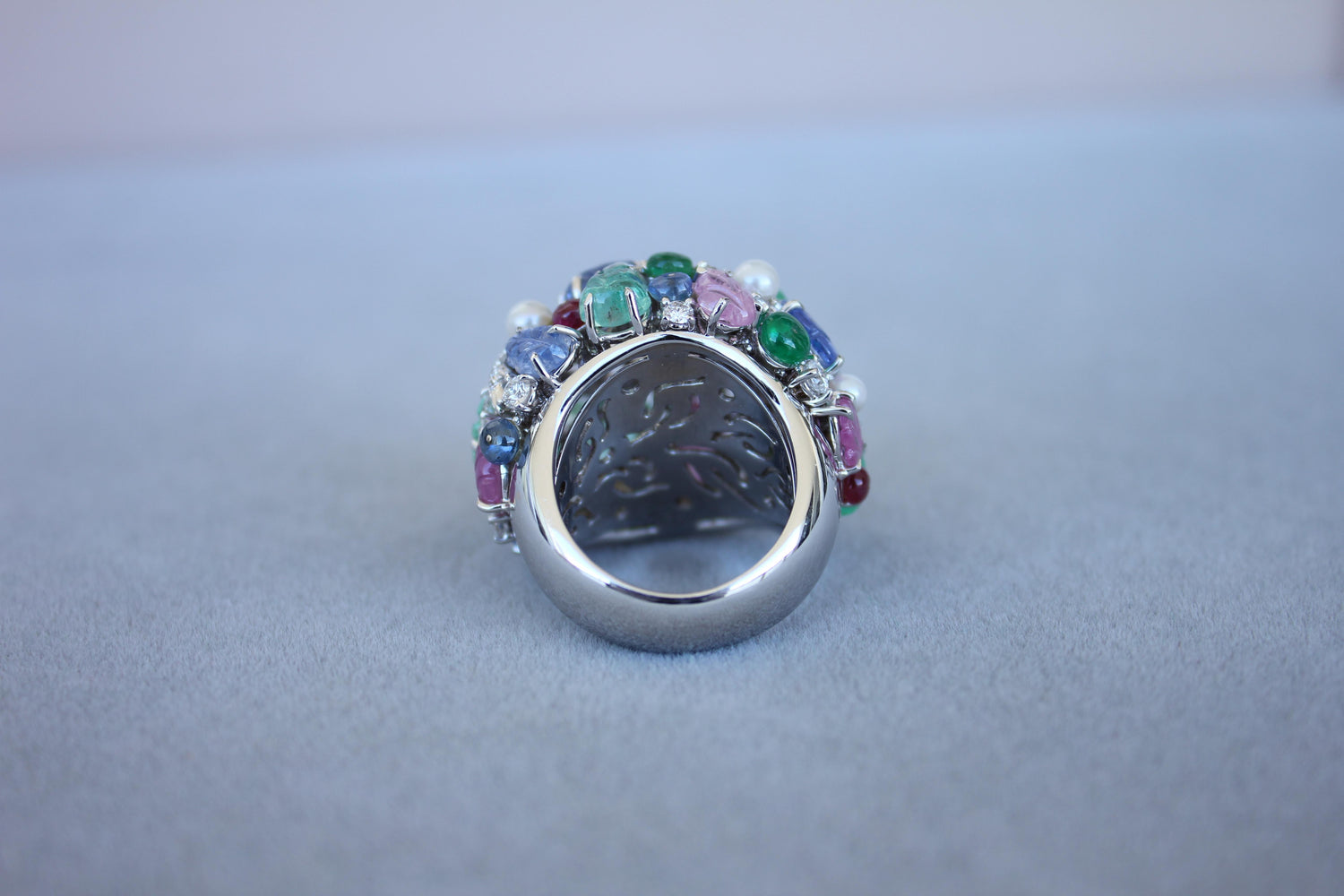 Multi Colors Sapphires Emeralds Ruby Diamond Scavia Unique 18K White Gold Ring