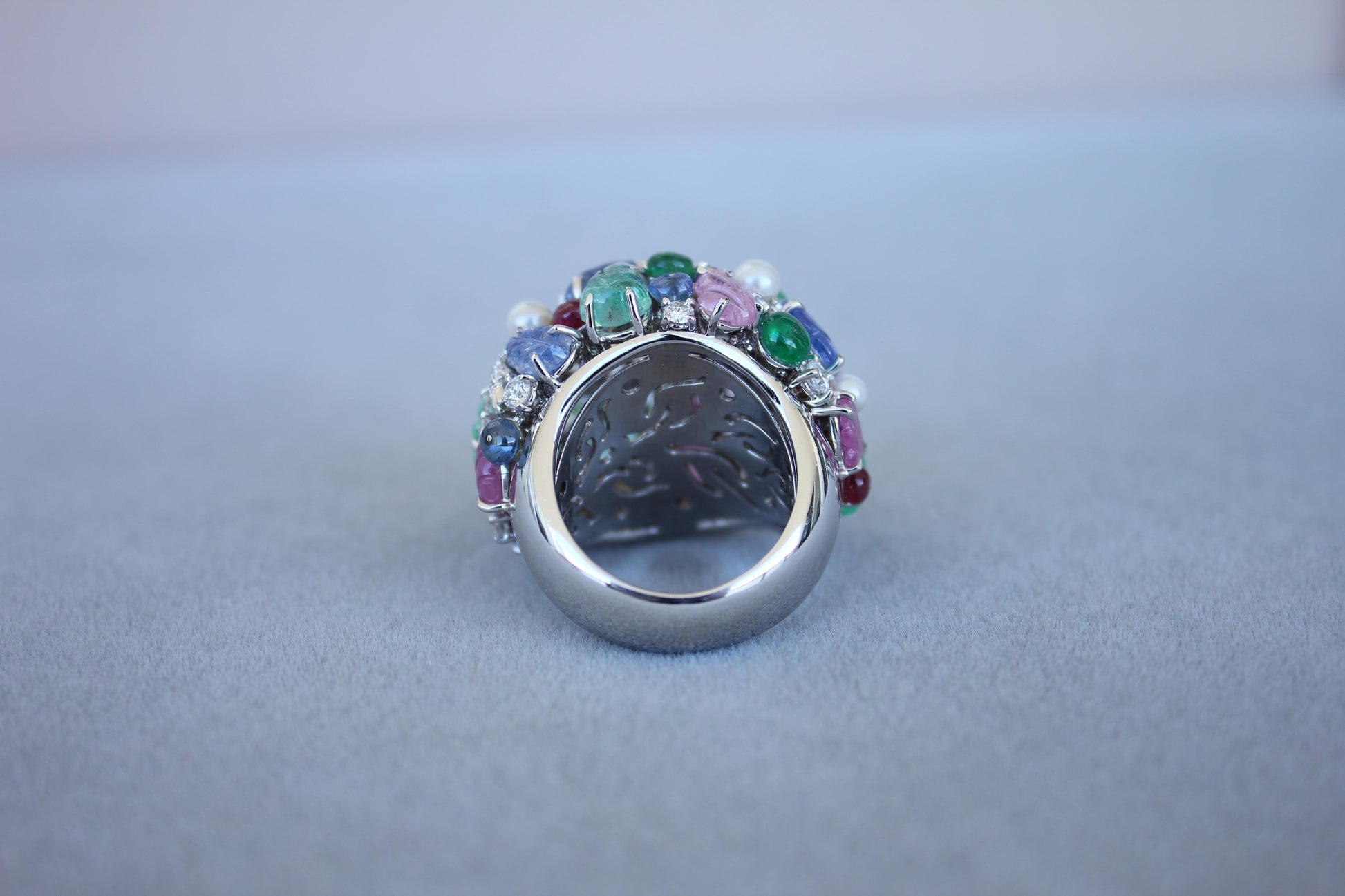 Multi Colors Sapphires Emeralds Ruby Diamond Scavia Unique 18K White Gold Ring