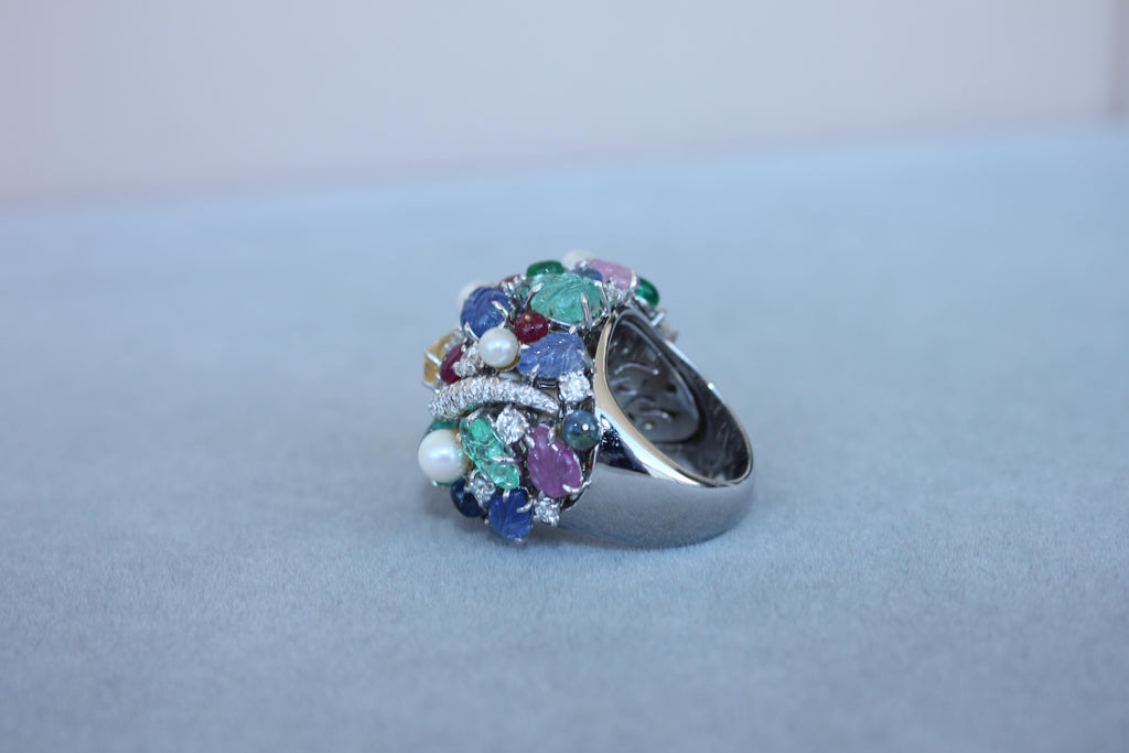 Multi Colors Sapphires Emeralds Ruby Diamond Scavia Unique 18K White Gold Ring