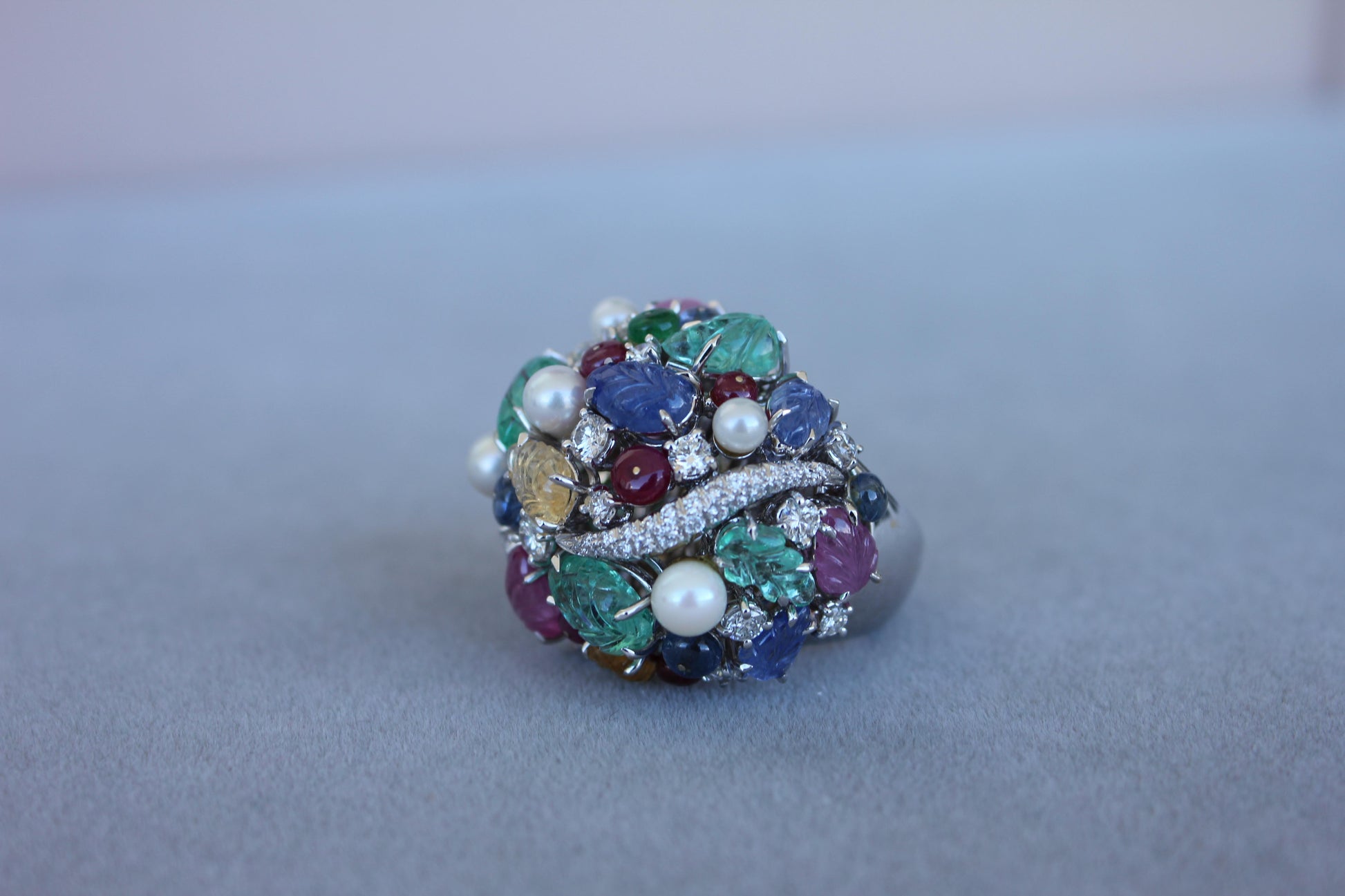 Multi Colors Sapphires Emeralds Ruby Diamond Scavia Unique 18K White Gold Ring