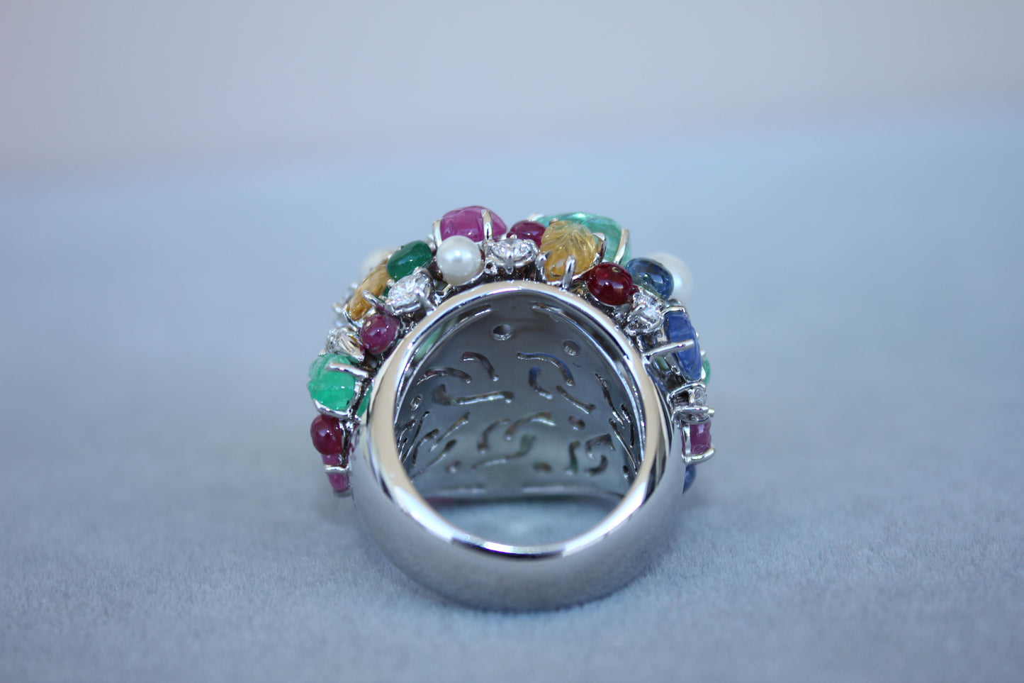 multi colors sapphires emeralds ruby diamond scavia unique 18k white gold ring