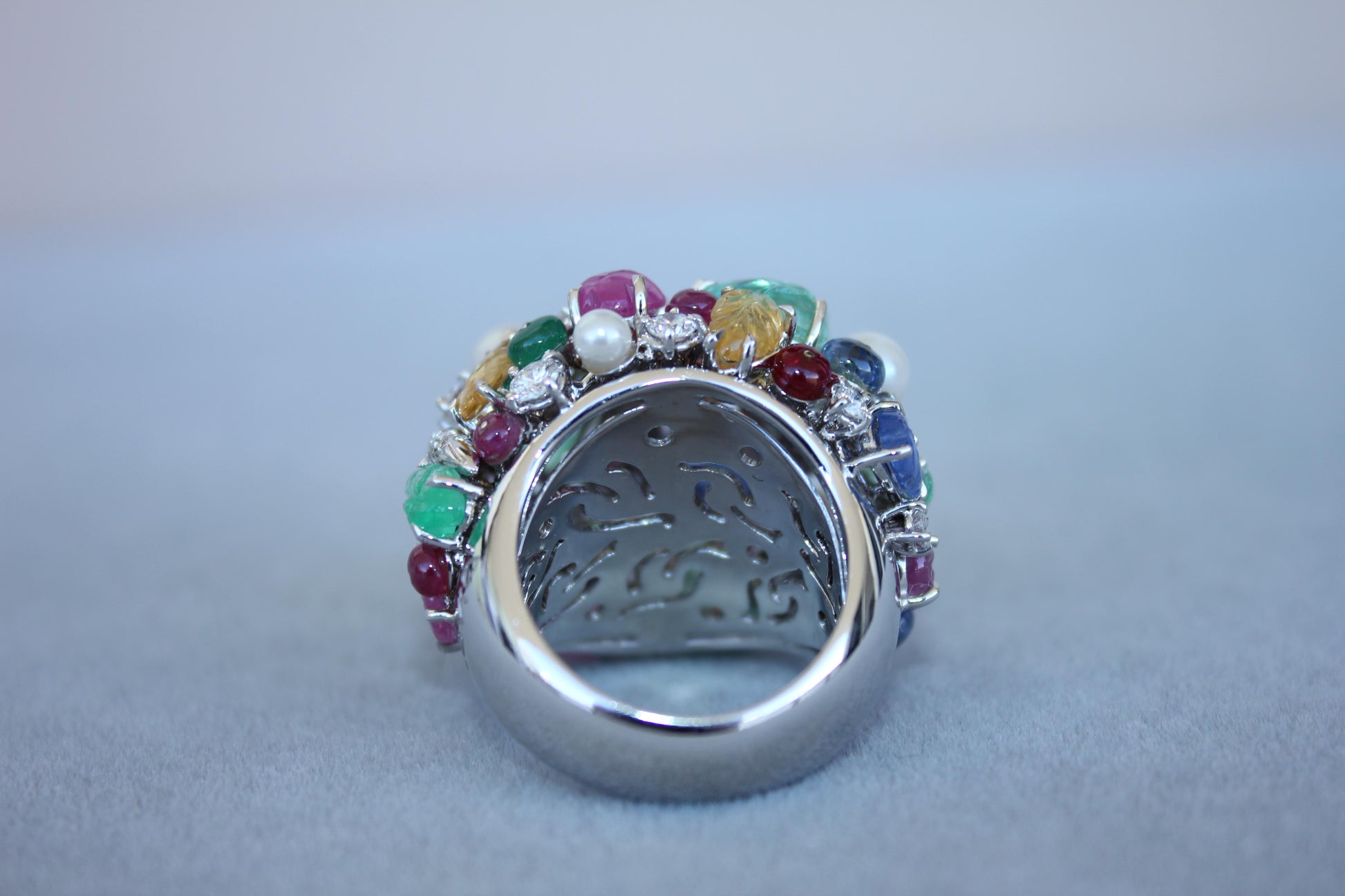 Multi Colors Sapphires Emeralds Ruby Diamond Scavia Unique 18K White Gold Ring