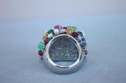 Multi Colors Sapphires Emeralds Ruby Diamond Scavia Unique 18K White Gold Ring
