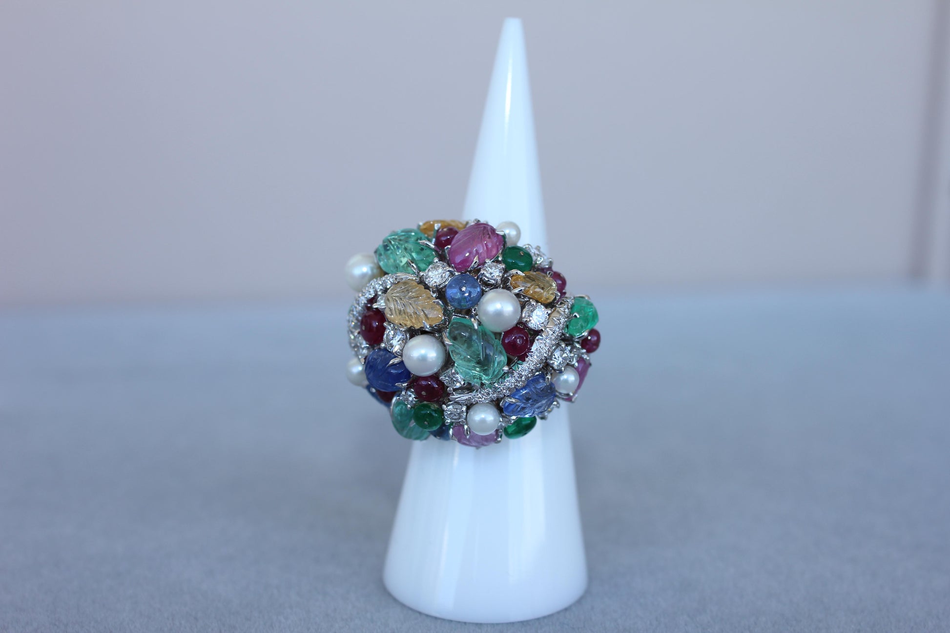 Multi Colors Sapphires Emeralds Ruby Diamond Scavia Unique 18K White Gold Ring