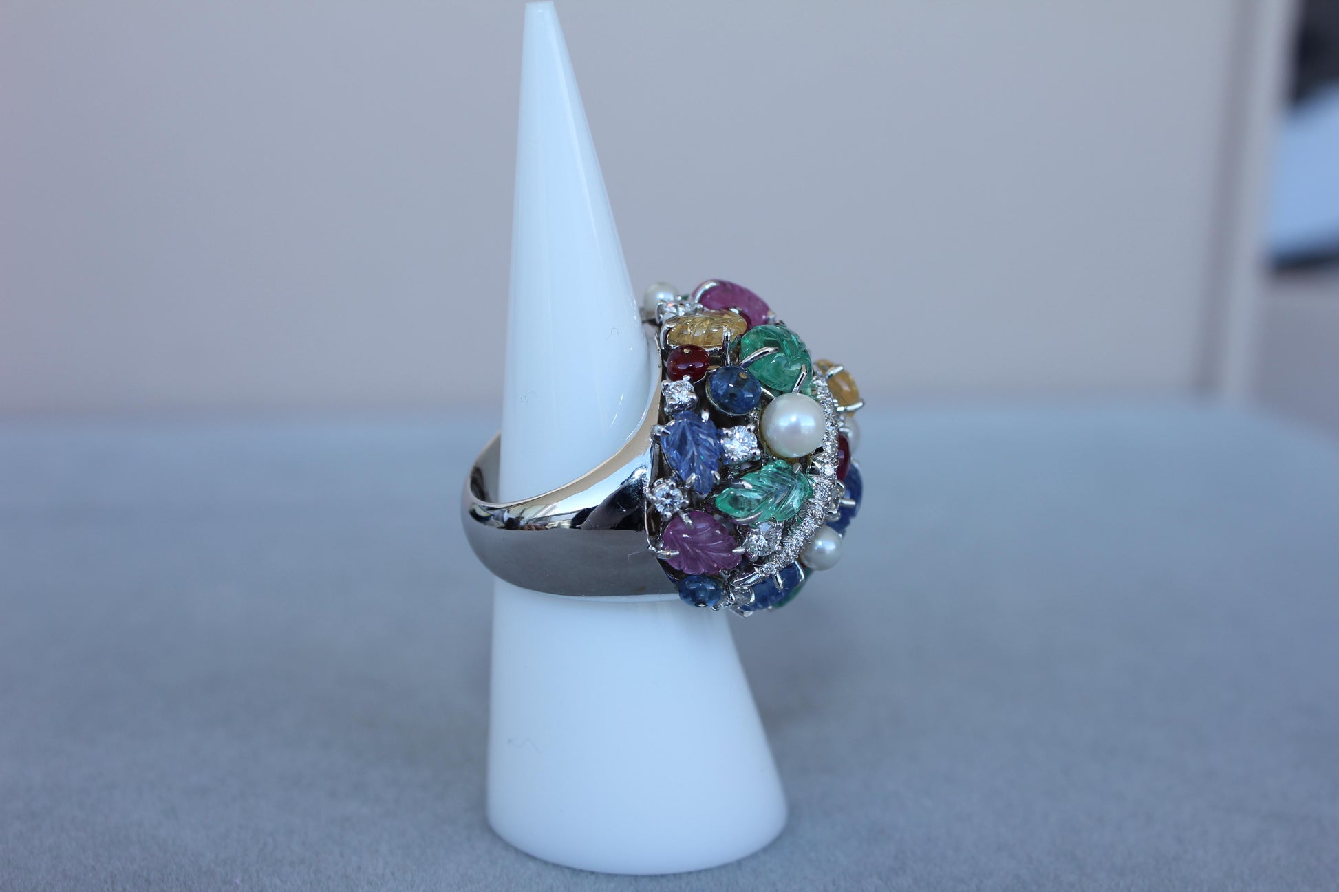 Multi Colors Sapphires Emeralds Ruby Diamond Scavia Unique 18K White Gold Ring