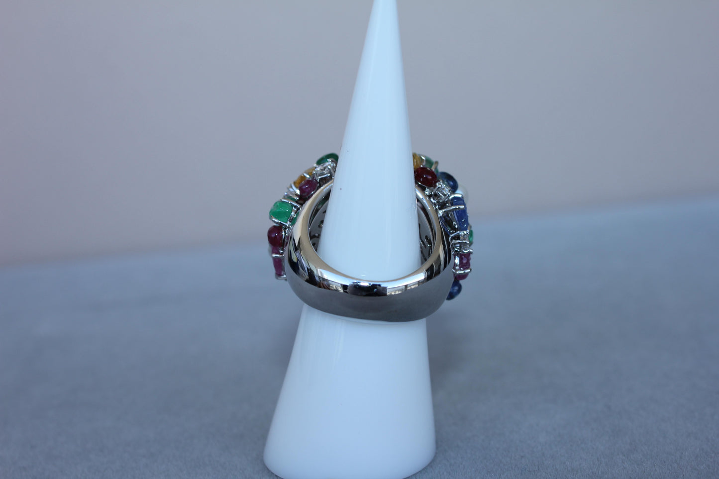 multi colors sapphires emeralds ruby diamond scavia unique 18k white gold ring