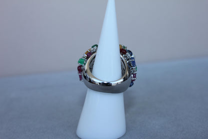 Multi Colors Sapphires Emeralds Ruby Diamond Scavia Unique 18K White Gold Ring