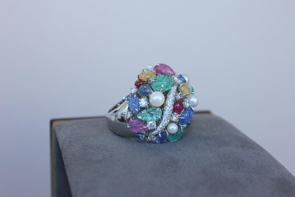 Multi Colors Sapphires Emeralds Ruby Diamond Scavia Unique 18K White Gold Ring