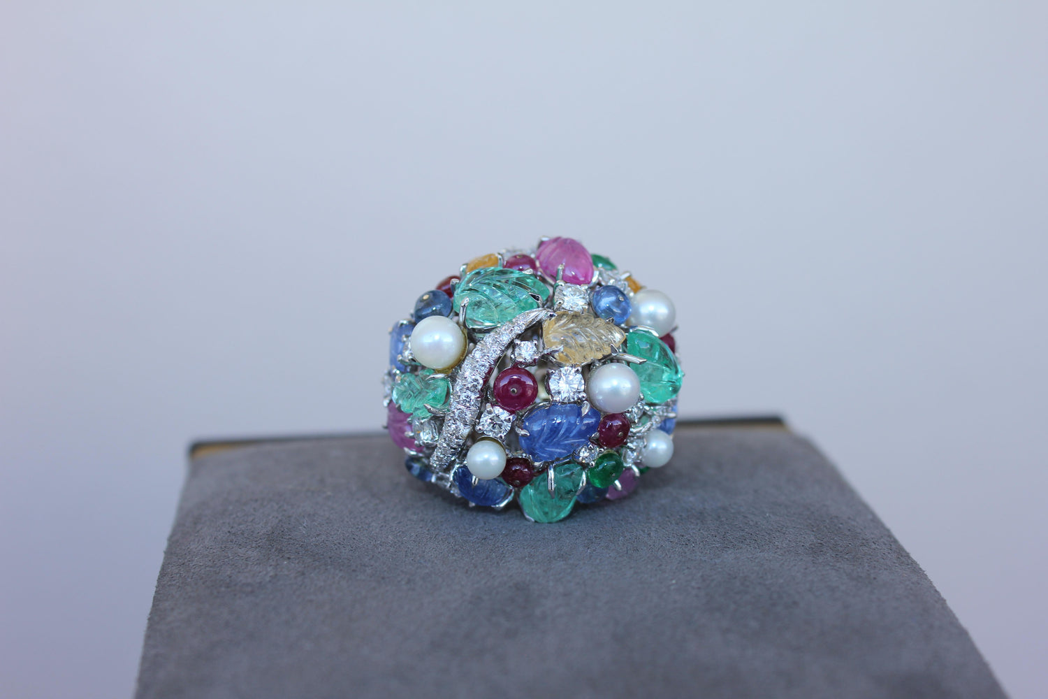 Multi Colors Sapphires Emeralds Ruby Diamond Scavia Unique 18K White Gold Ring