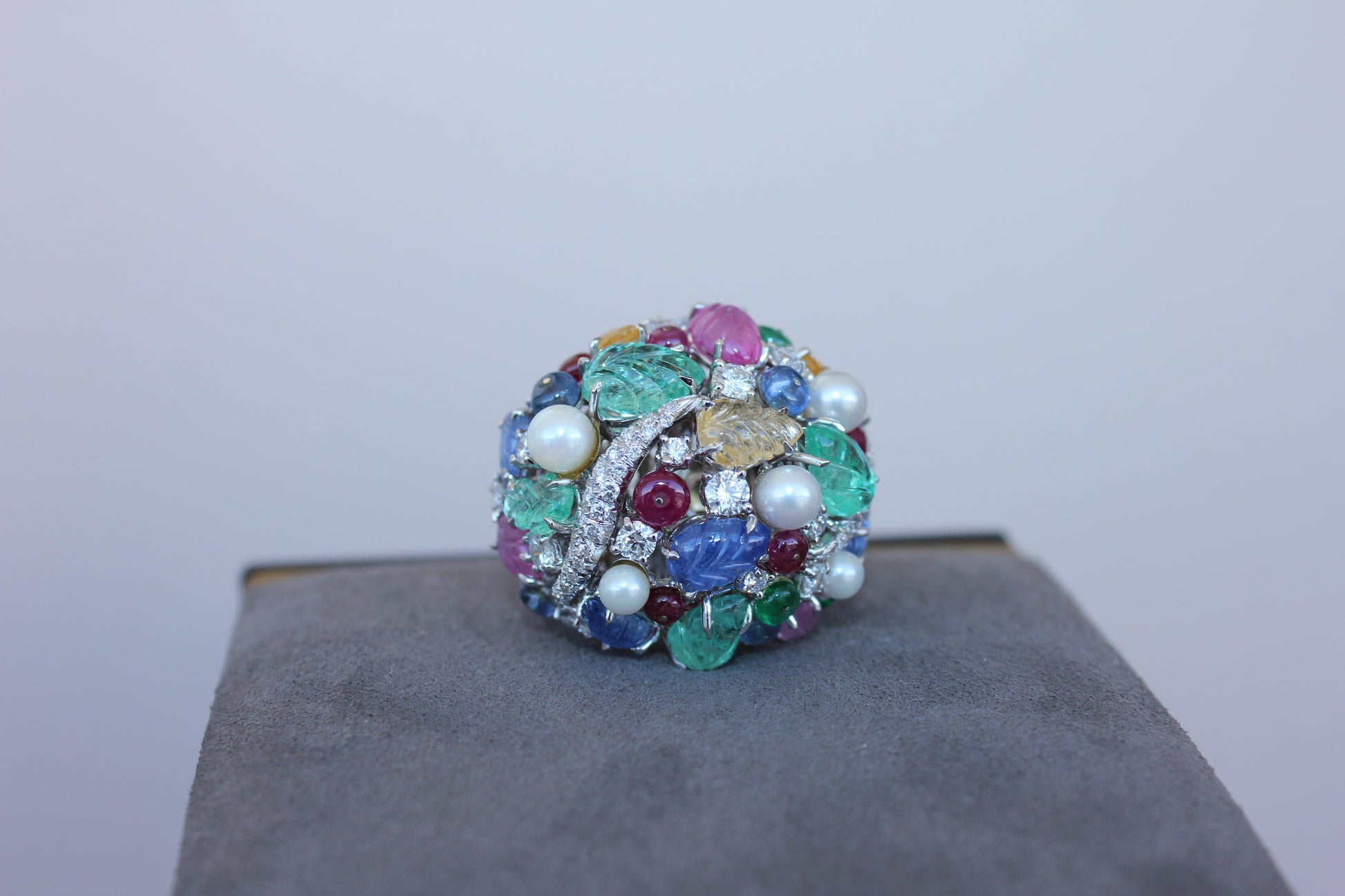 Multi Colors Sapphires Emeralds Ruby Diamond Scavia Unique 18K White Gold Ring