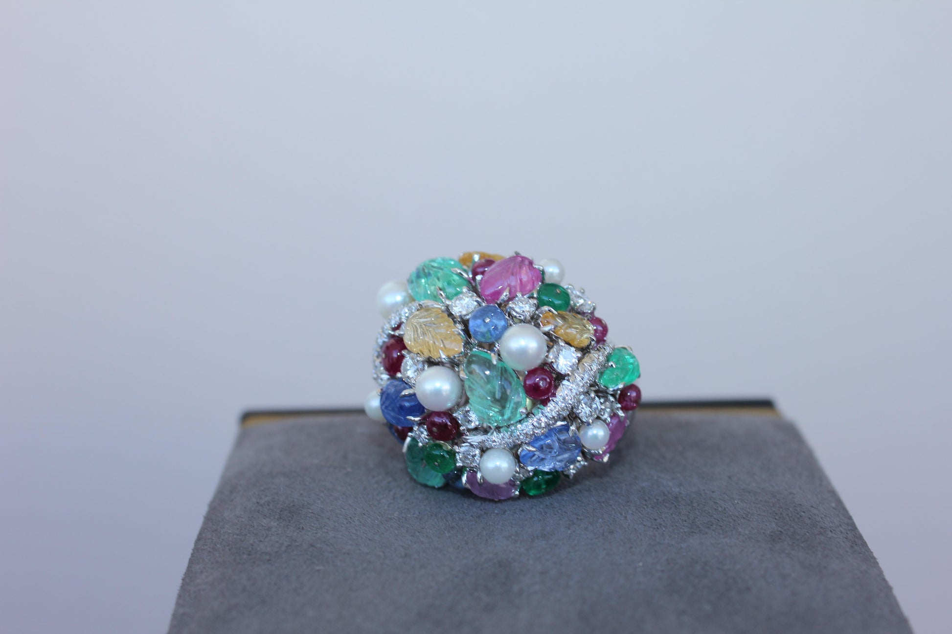 Multi Colors Sapphires Emeralds Ruby Diamond Scavia Unique 18K White Gold Ring