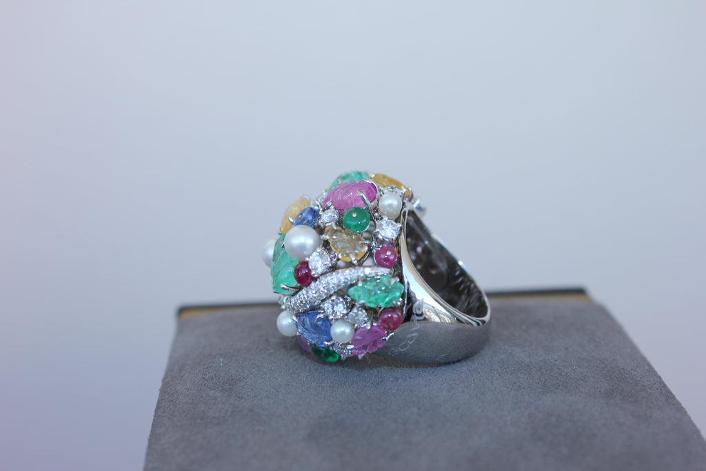 Multi Colors Sapphires Emeralds Ruby Diamond Scavia Unique 18K White Gold Ring