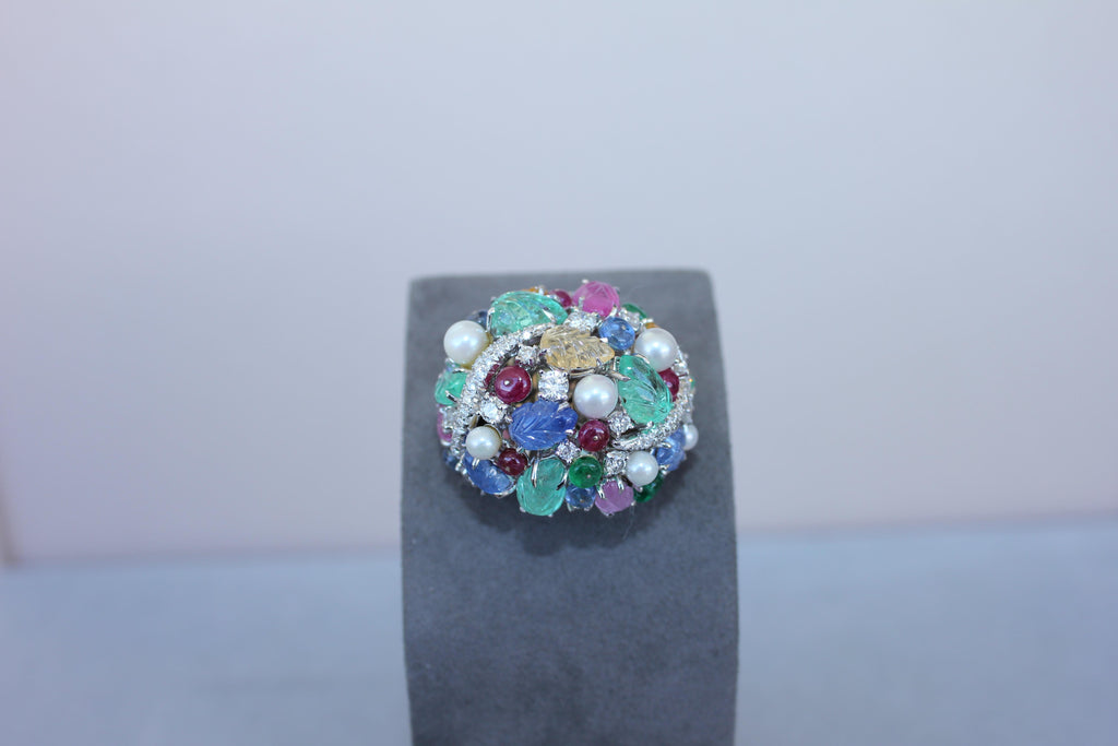 Multi Colors Sapphires Emeralds Ruby Diamond Scavia Unique 18K White Gold Ring