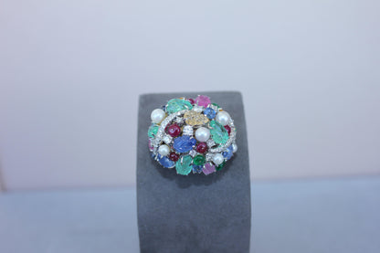 Multi Colors Sapphires Emeralds Ruby Diamond Scavia Unique 18K White Gold Ring
