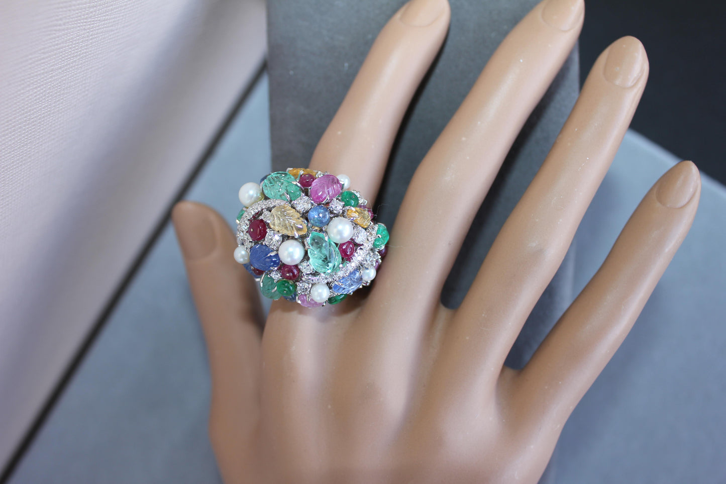 multi colors sapphires emeralds ruby diamond scavia unique 18k white gold ring