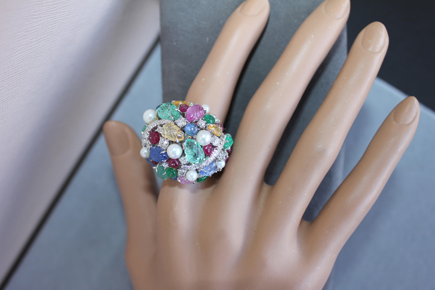 Multi Colors Sapphires Emeralds Ruby Diamond Scavia Unique 18K White Gold Ring