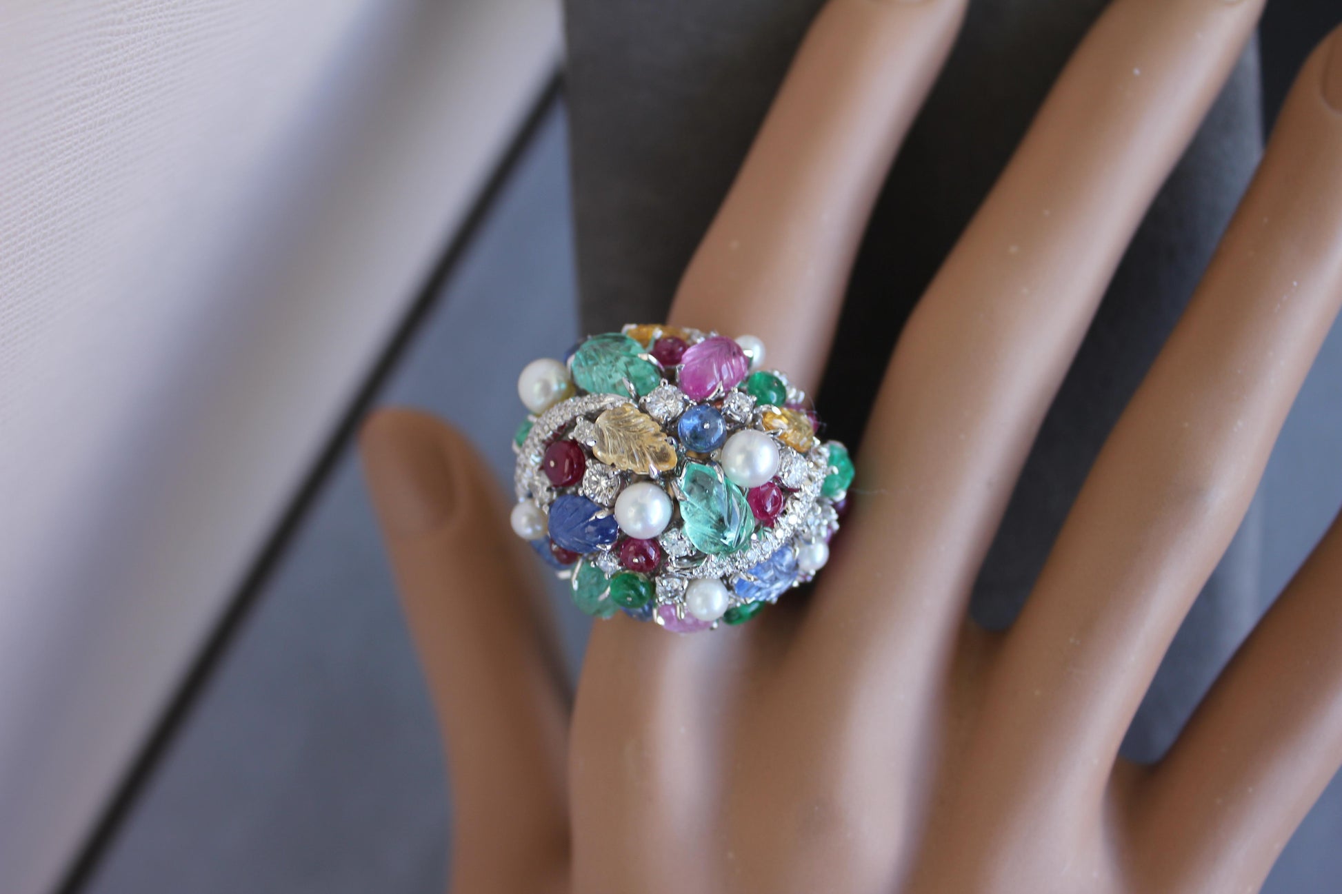 Multi Colors Sapphires Emeralds Ruby Diamond Scavia Unique 18K White Gold Ring