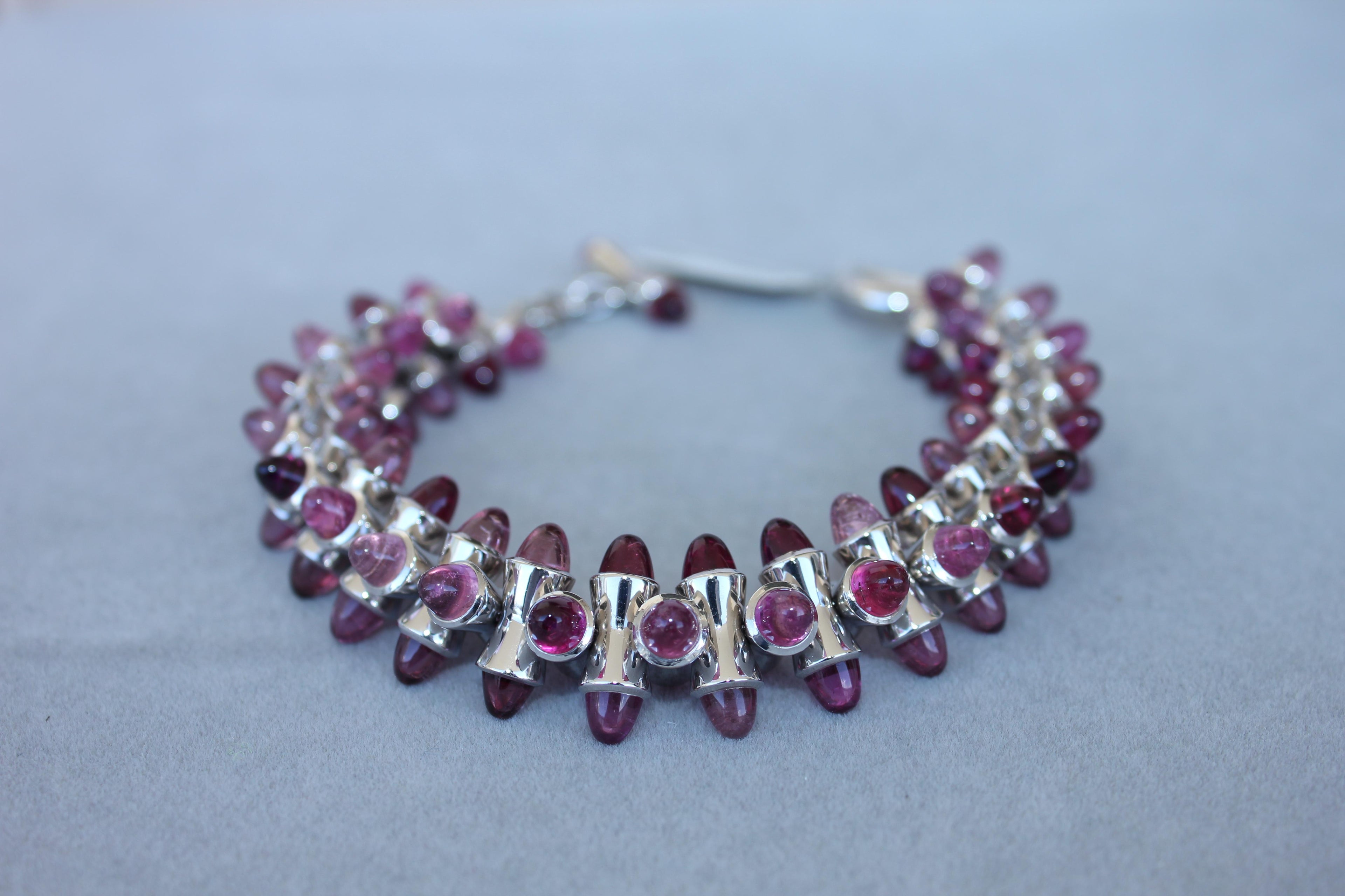 Tamara Commoli Pink Tourmaline Rubellite Mikado 18K White Gold Unique Bracelet