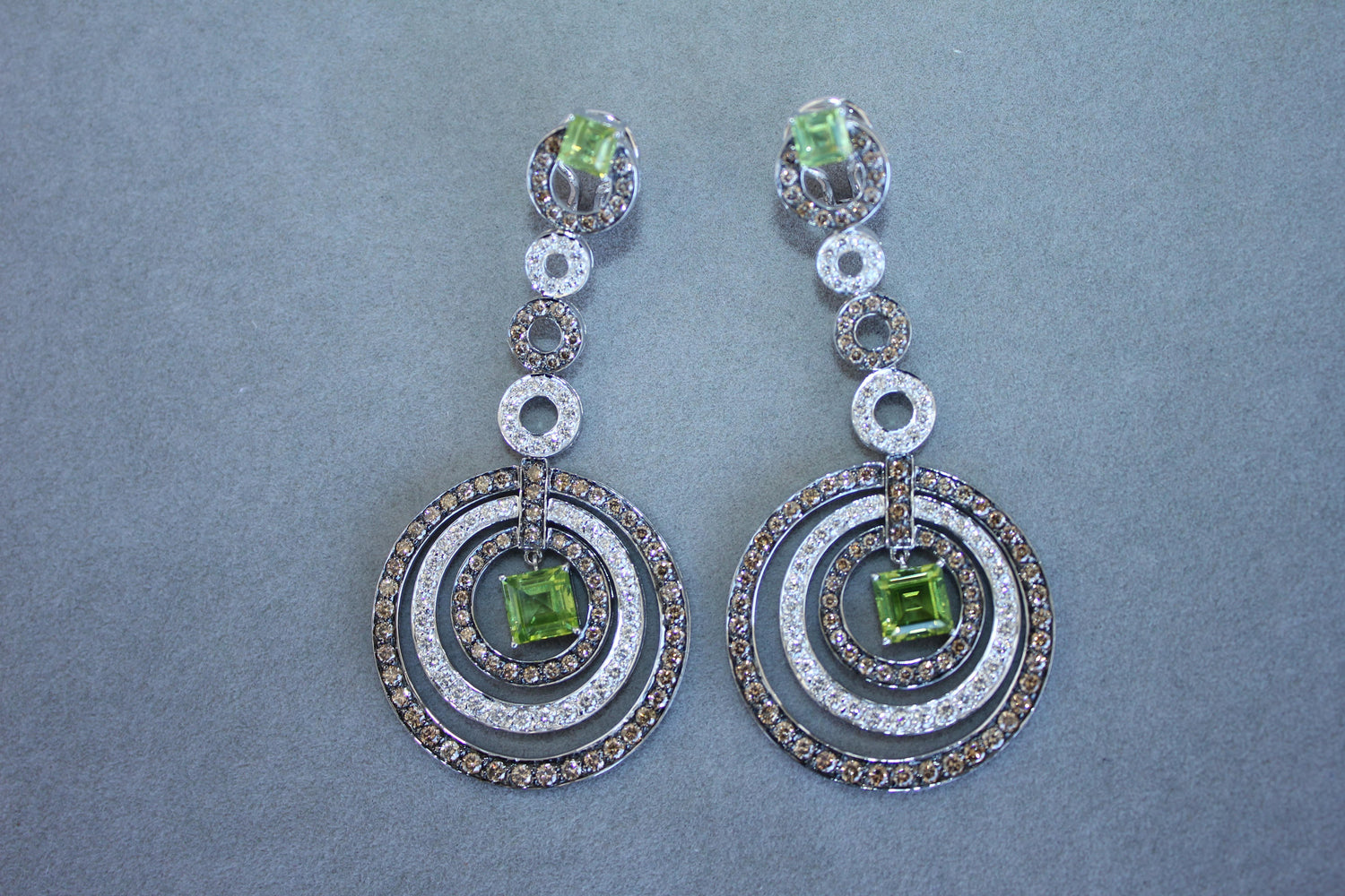 Green Peridot Faceted Square White &amp; Brown Diamond 18K White Black Gold Earrings