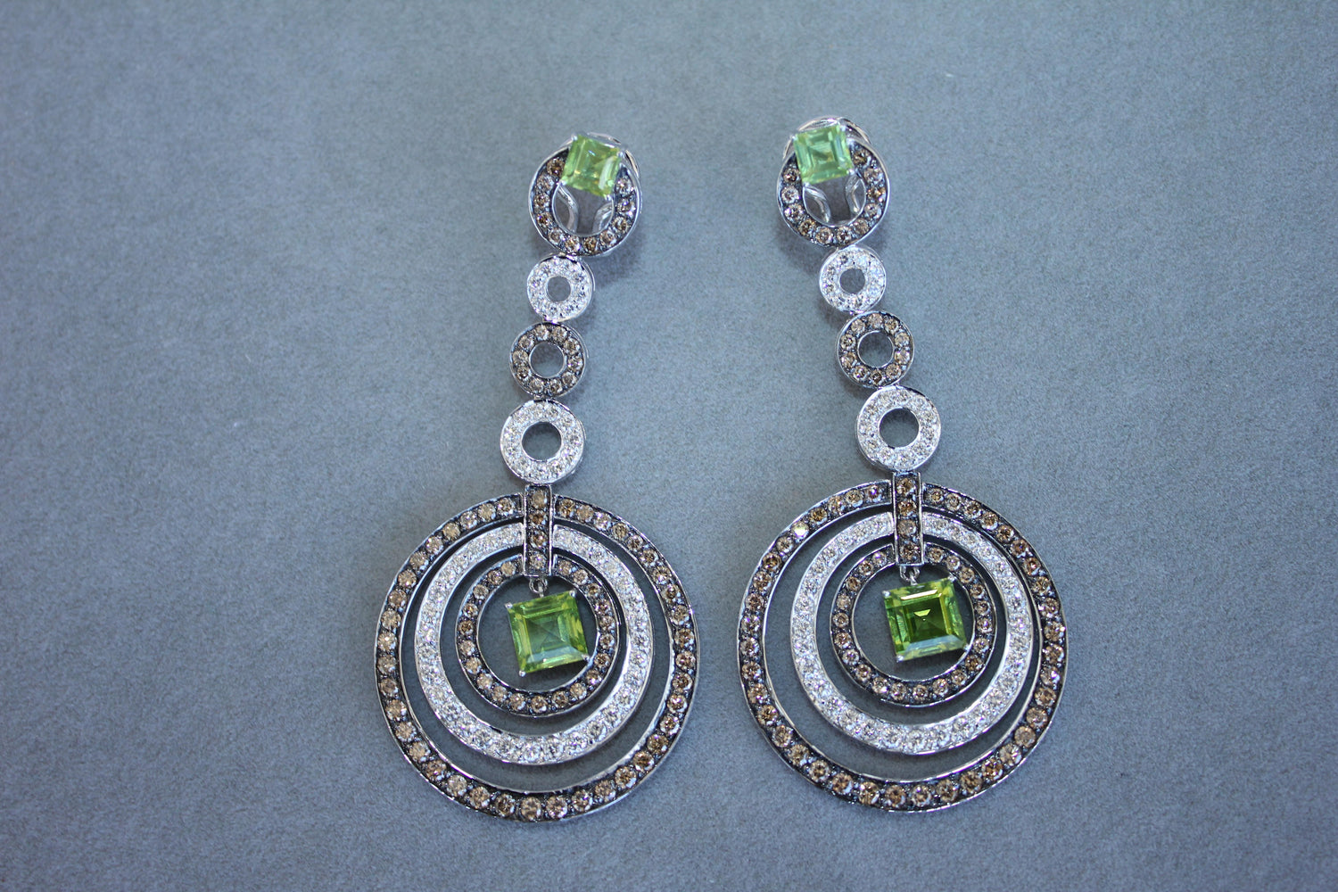 Green Peridot Faceted Square White &amp; Brown Diamond 18K White Black Gold Earrings