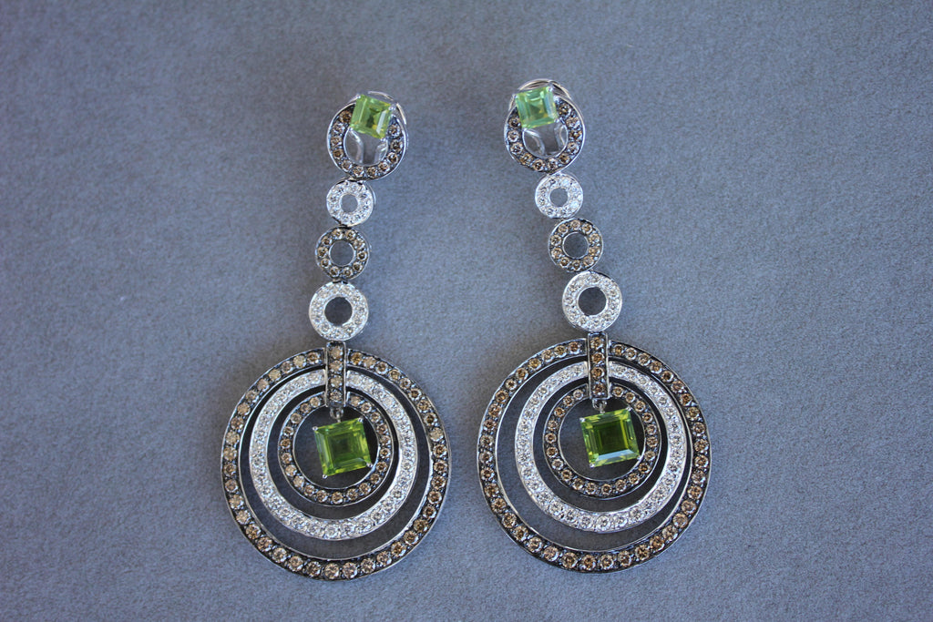 Green Peridot Faceted Square White & Brown Diamond 18K White Black Gold Earrings