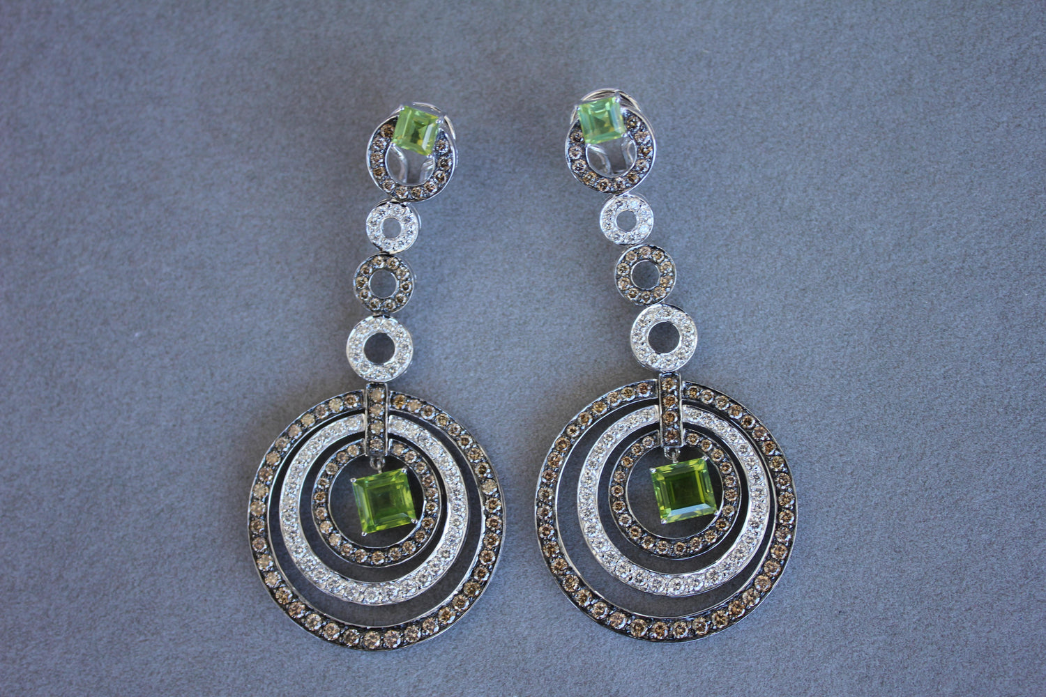 Green Peridot Faceted Square White &amp; Brown Diamond 18K White Black Gold Earrings