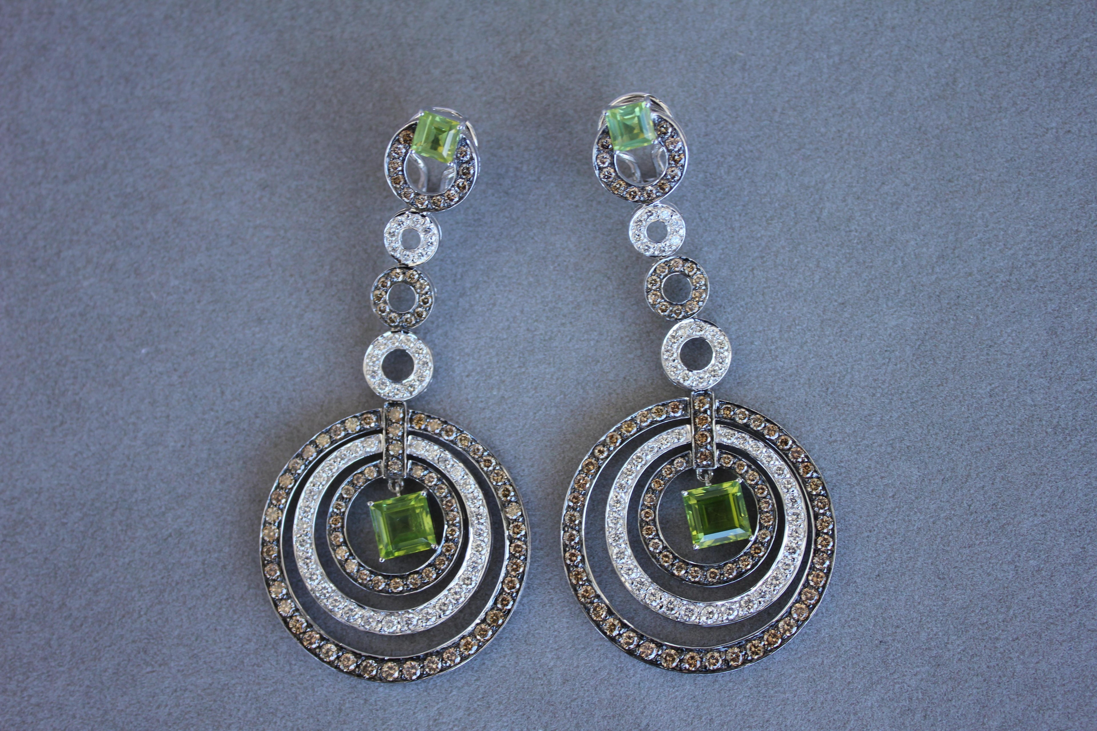 Green Peridot Faceted Square White &amp; Brown Diamond 18K White Black Gold Earrings