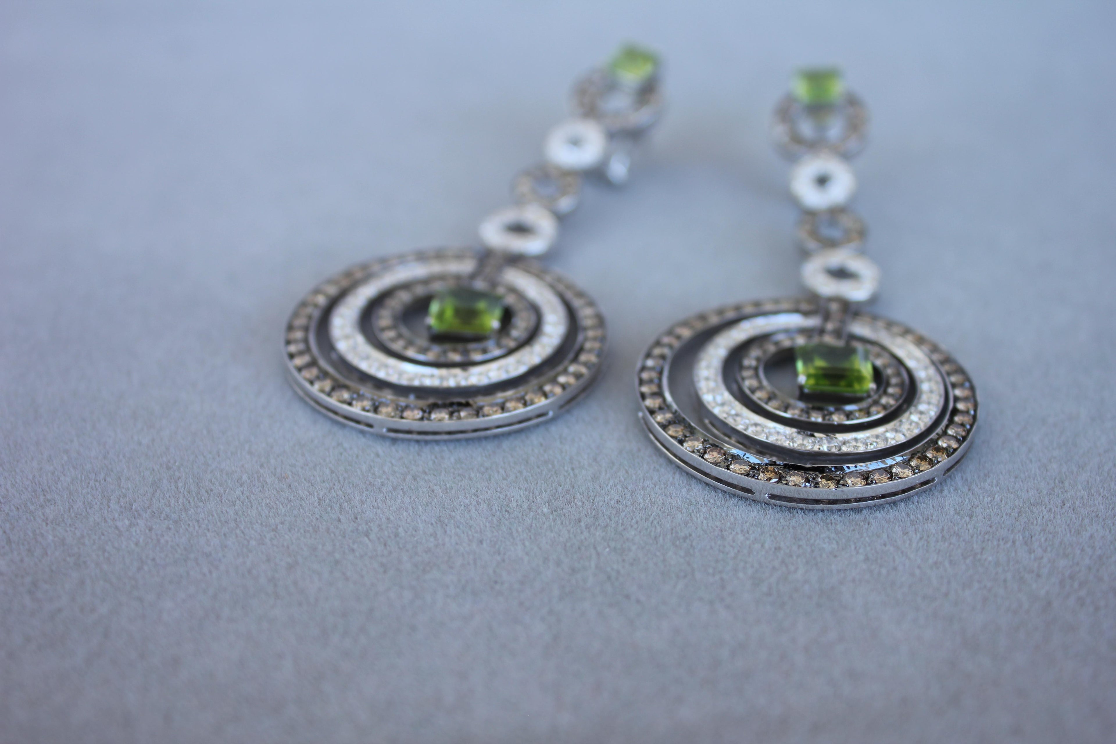 Green Peridot Faceted Square White &amp; Brown Diamond 18K White Black Gold Earrings