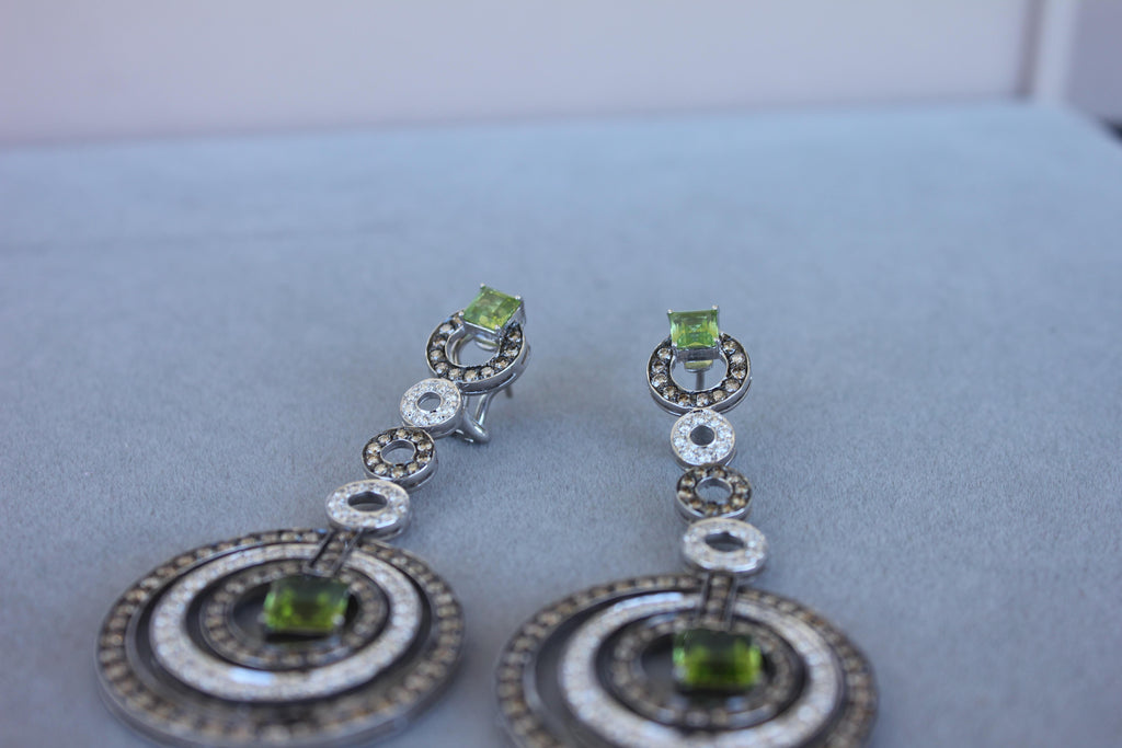 Green Peridot Faceted Square White & Brown Diamond 18K White Black Gold Earrings