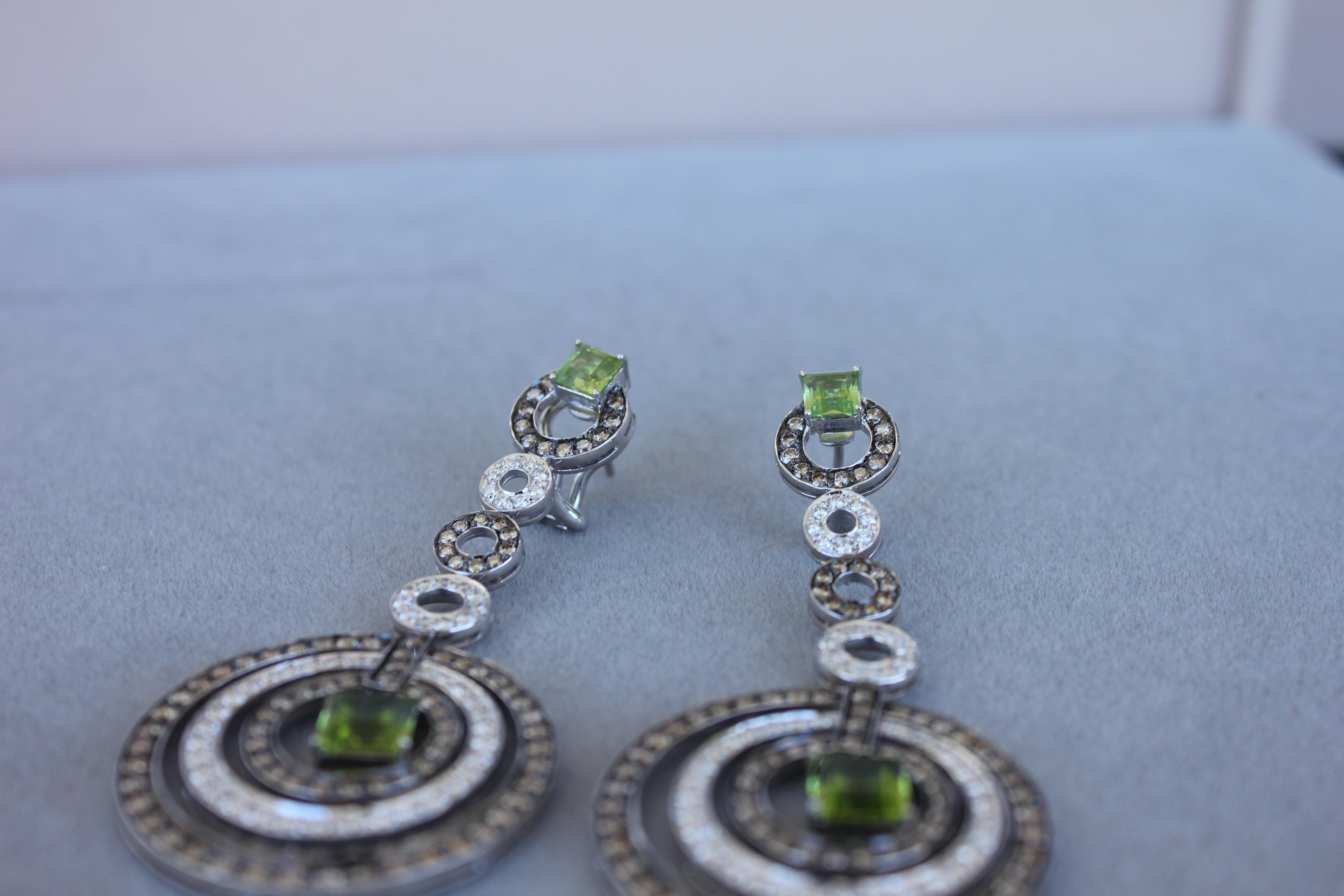 Green Peridot Faceted Square White &amp; Brown Diamond 18K White Black Gold Earrings